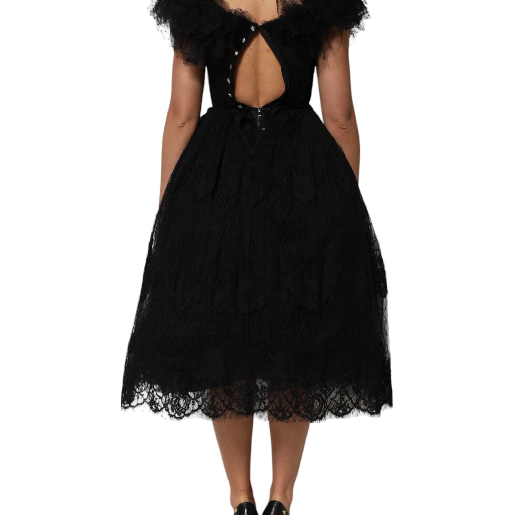Dolce & Gabbana Black Crystal Embellished Midi A-line Dress