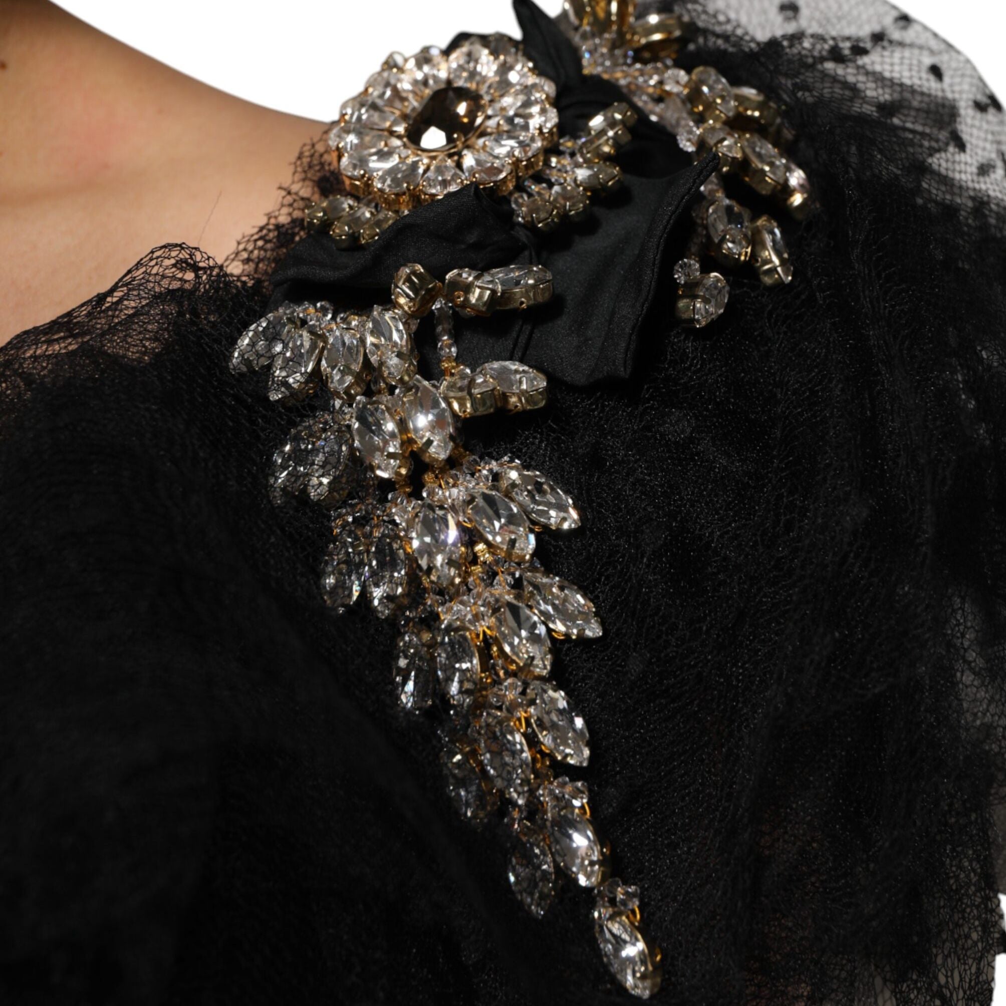 Dolce & Gabbana Black Crystal Embellished Midi A-line Dress