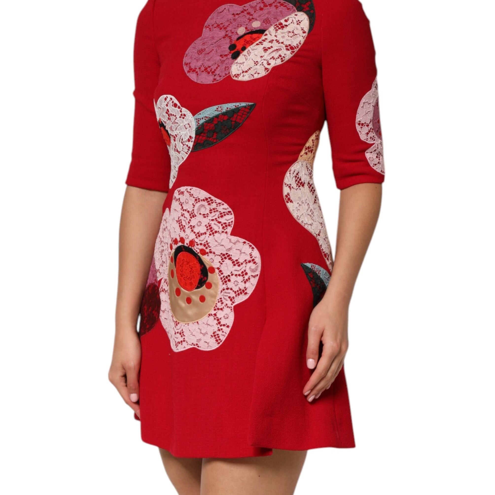 Dolce & Gabbana Red Lace Floral Applique A-line Mini Dress
