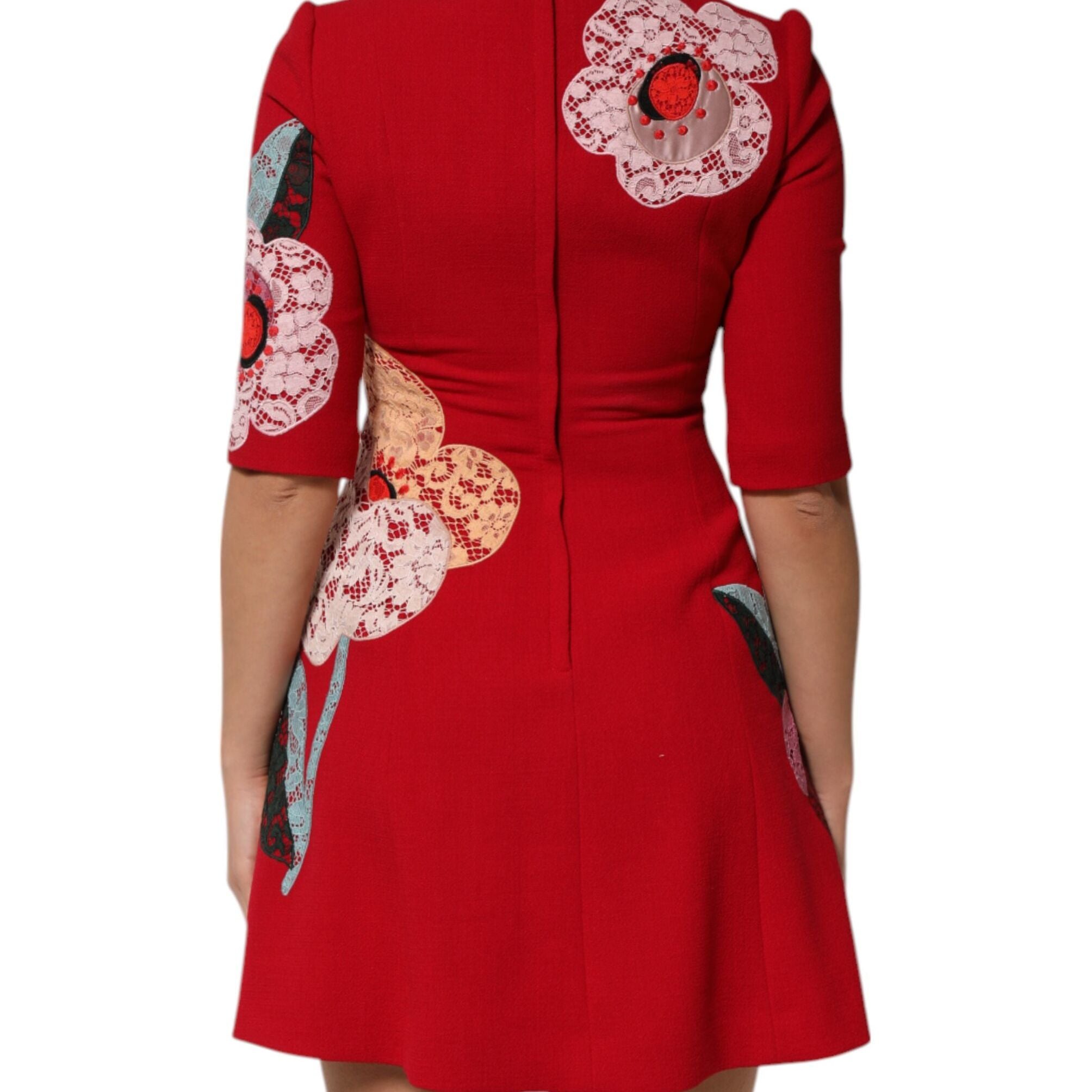 Dolce & Gabbana Red Lace Floral Applique A-line Mini Dress
