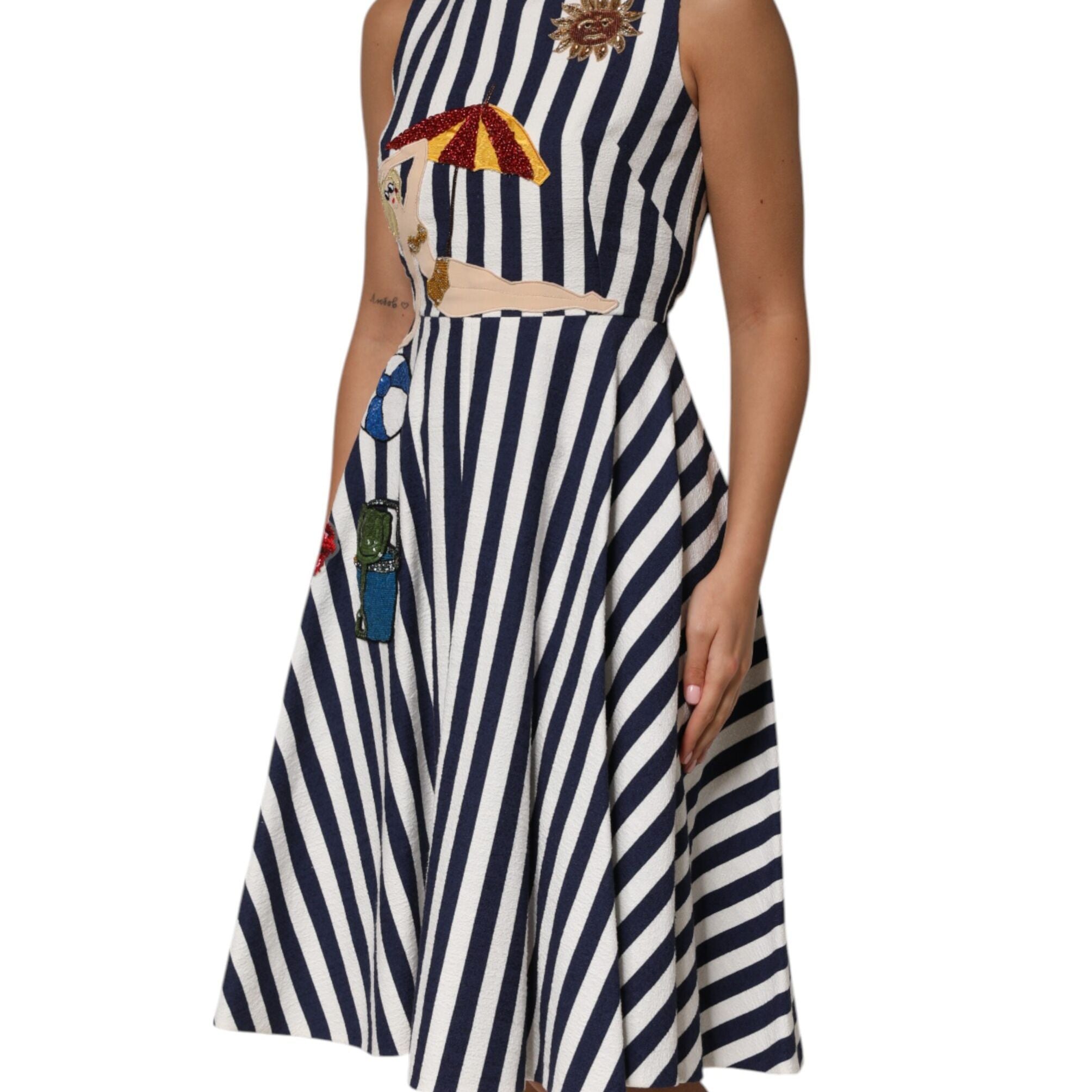 Dolce & Gabbana Blue White Striped Embroidered A-line Dress