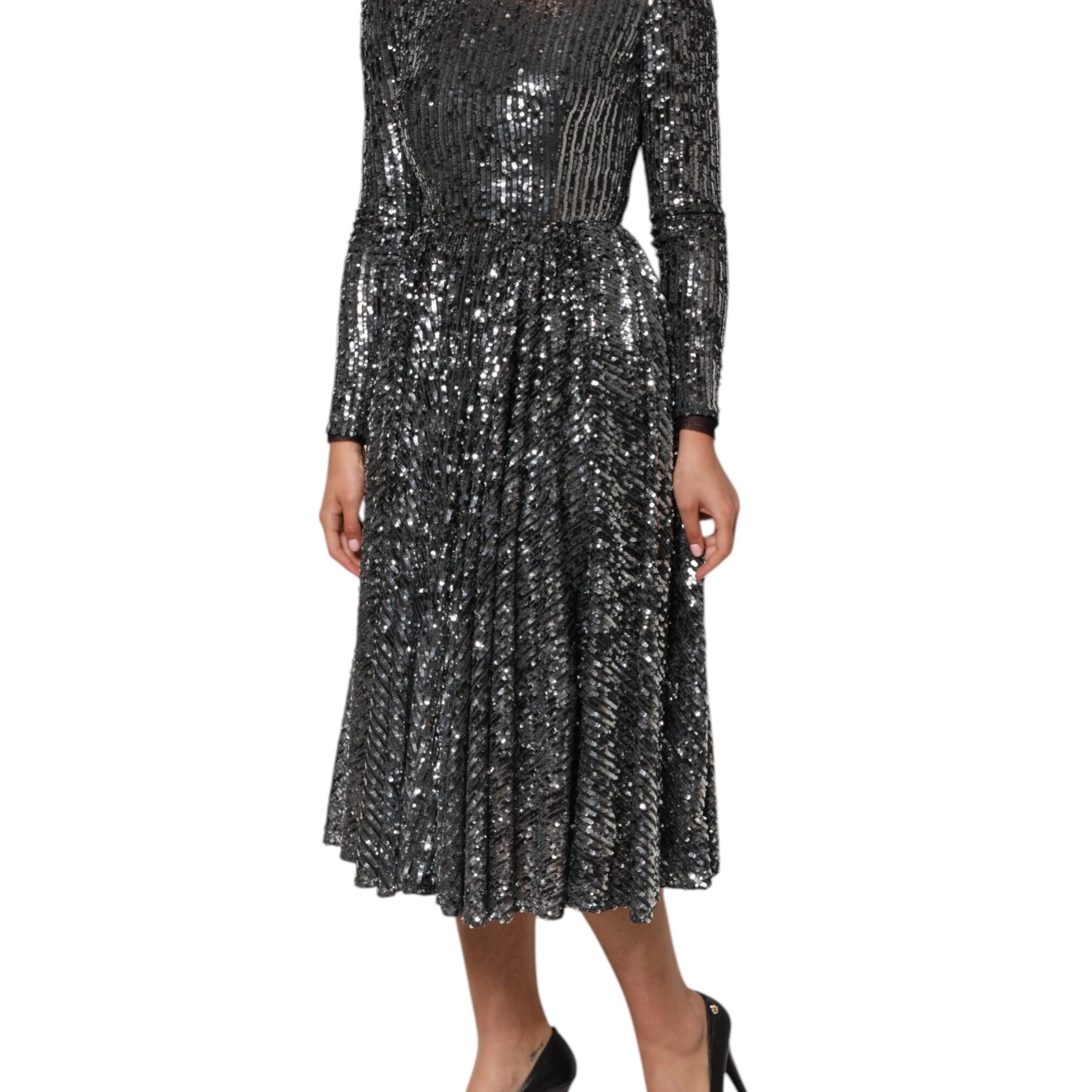 Dolce & Gabbana Black Sequined Long Sleeves Midi A-line  Dress