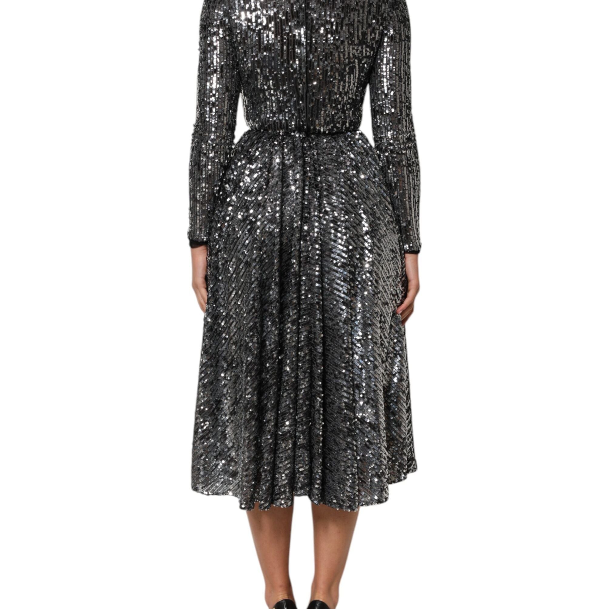 Dolce & Gabbana Black Sequined Long Sleeves Midi A-line  Dress