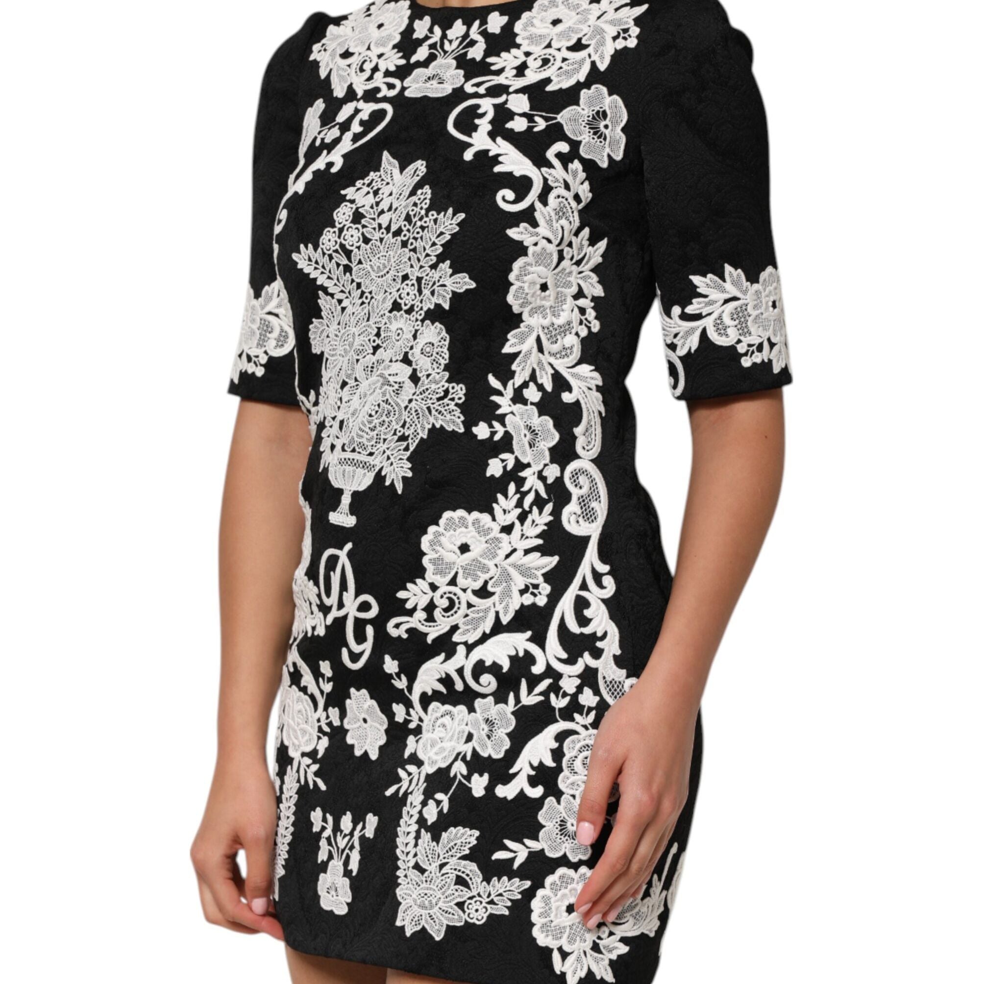 Dolce & Gabbana Black Lace Trim Short Sleeves A-line Dress