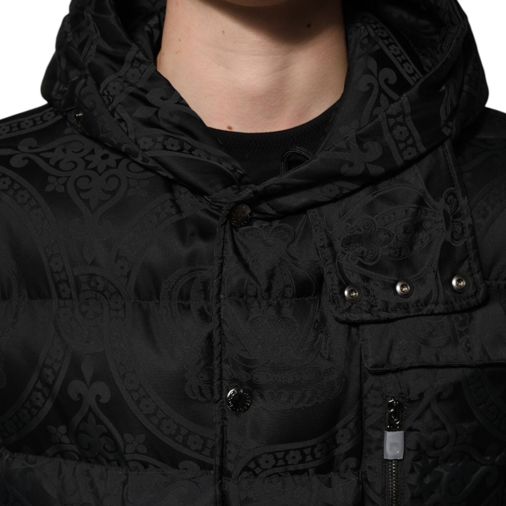 Dolce & Gabbana Black Jacquard Quilted Puffer Hooded Jacket