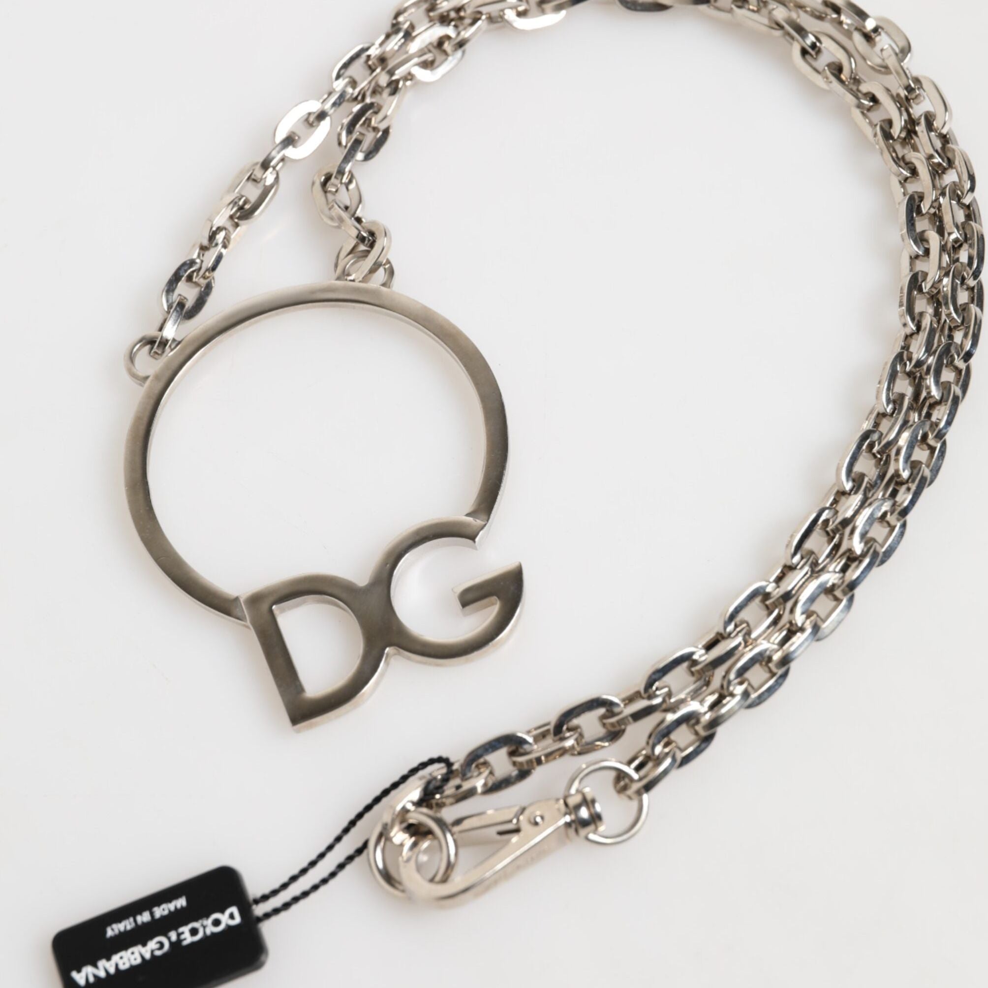 Dolce & Gabbana Silver Tone Brass Chain DG Logo Pendant Men Necklace