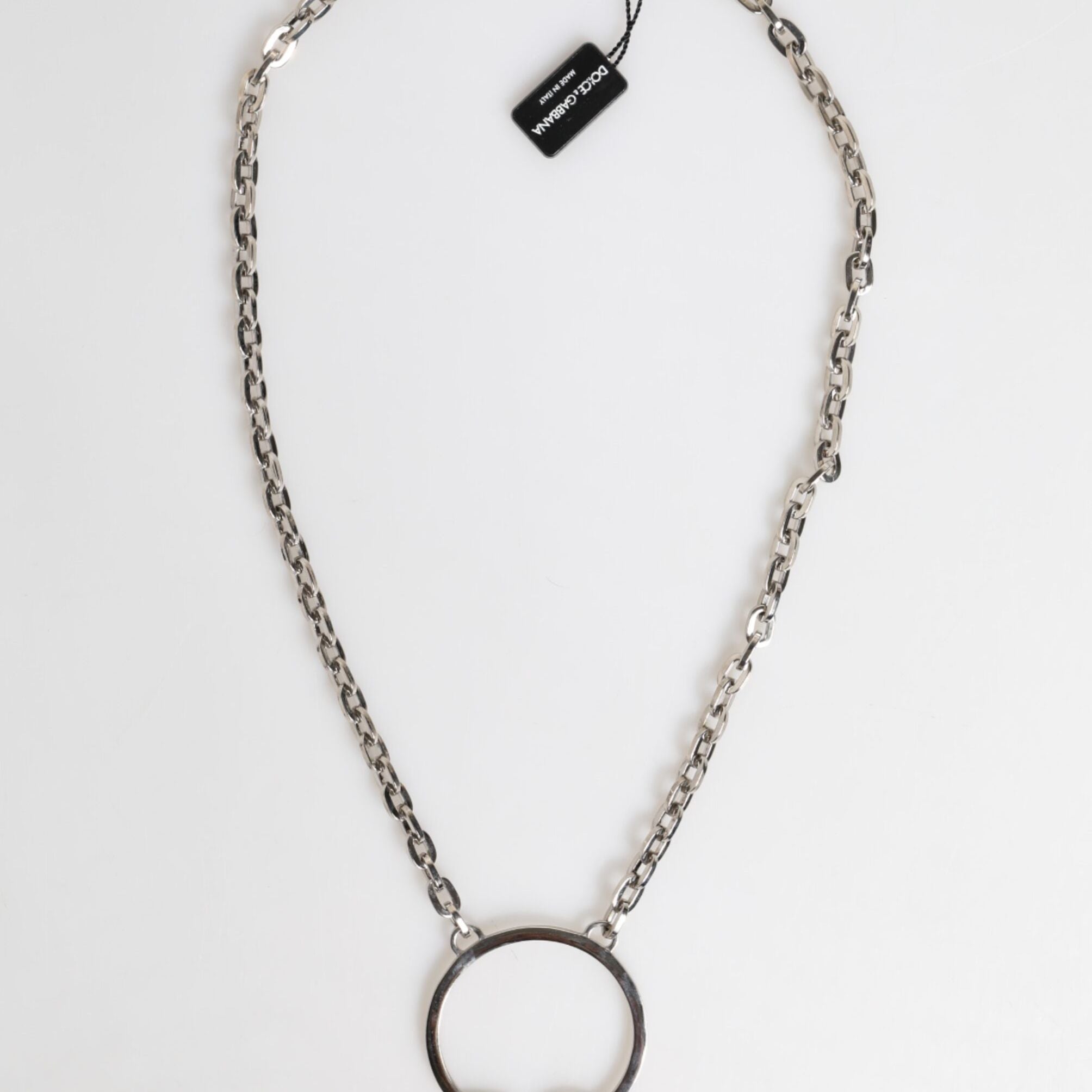 Dolce & Gabbana Silver Tone Brass Chain DG Logo Pendant Men Necklace
