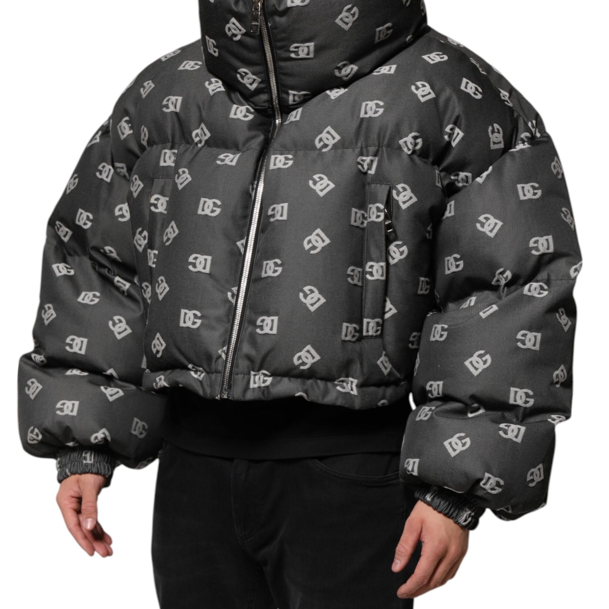 Dolce & Gabbana Black DG Monogram Full Zip Puffer Men Jacket