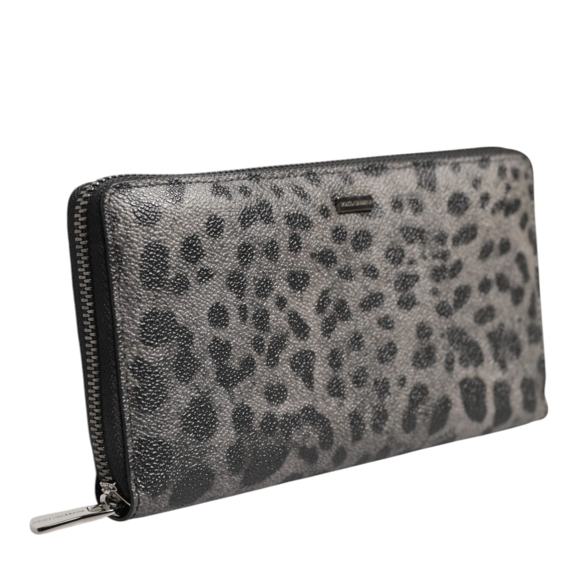 Dolce & Gabbana Black Gray Leopard Leather Zip Around Continental Wallet