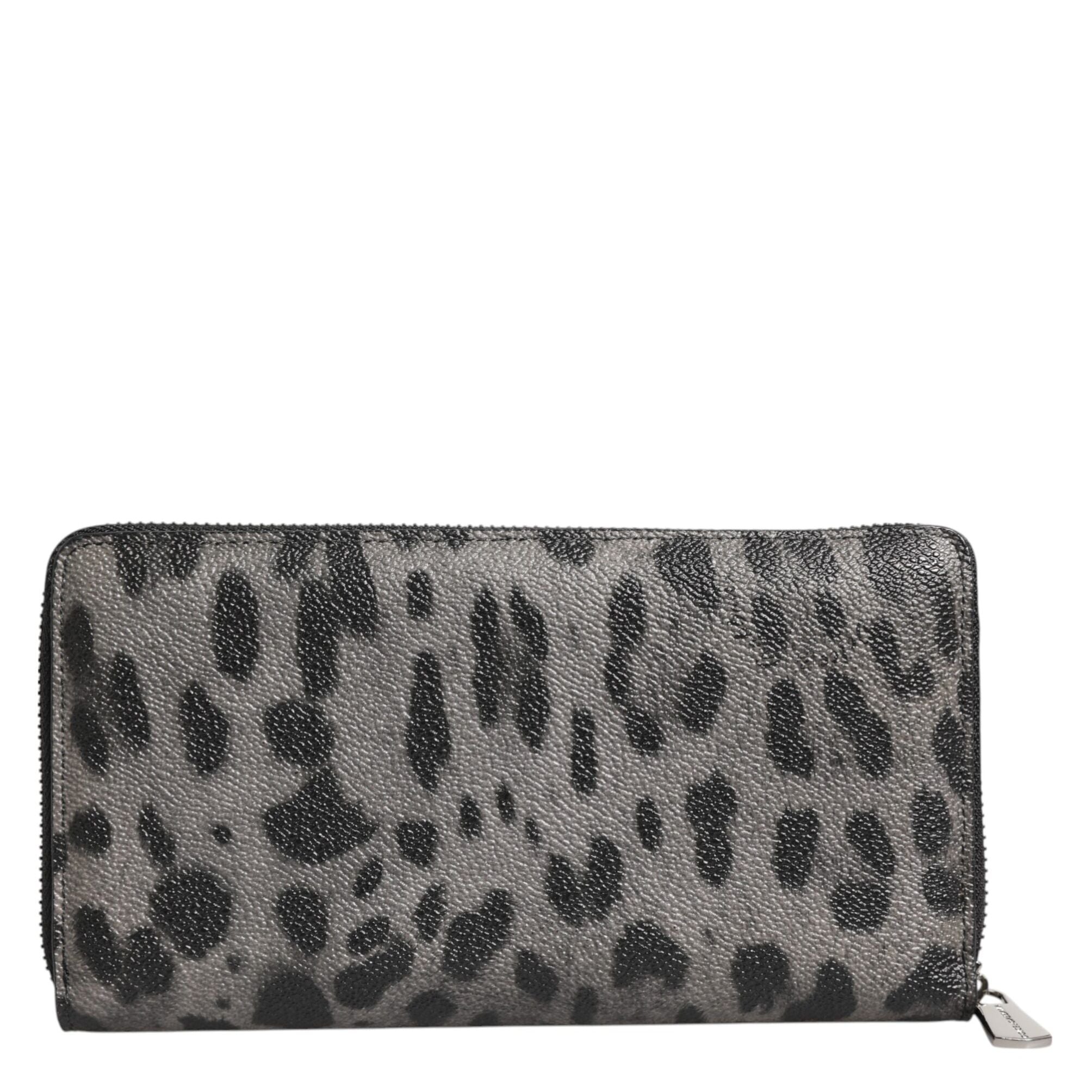 Dolce & Gabbana Black Gray Leopard Leather Zip Around Continental Wallet
