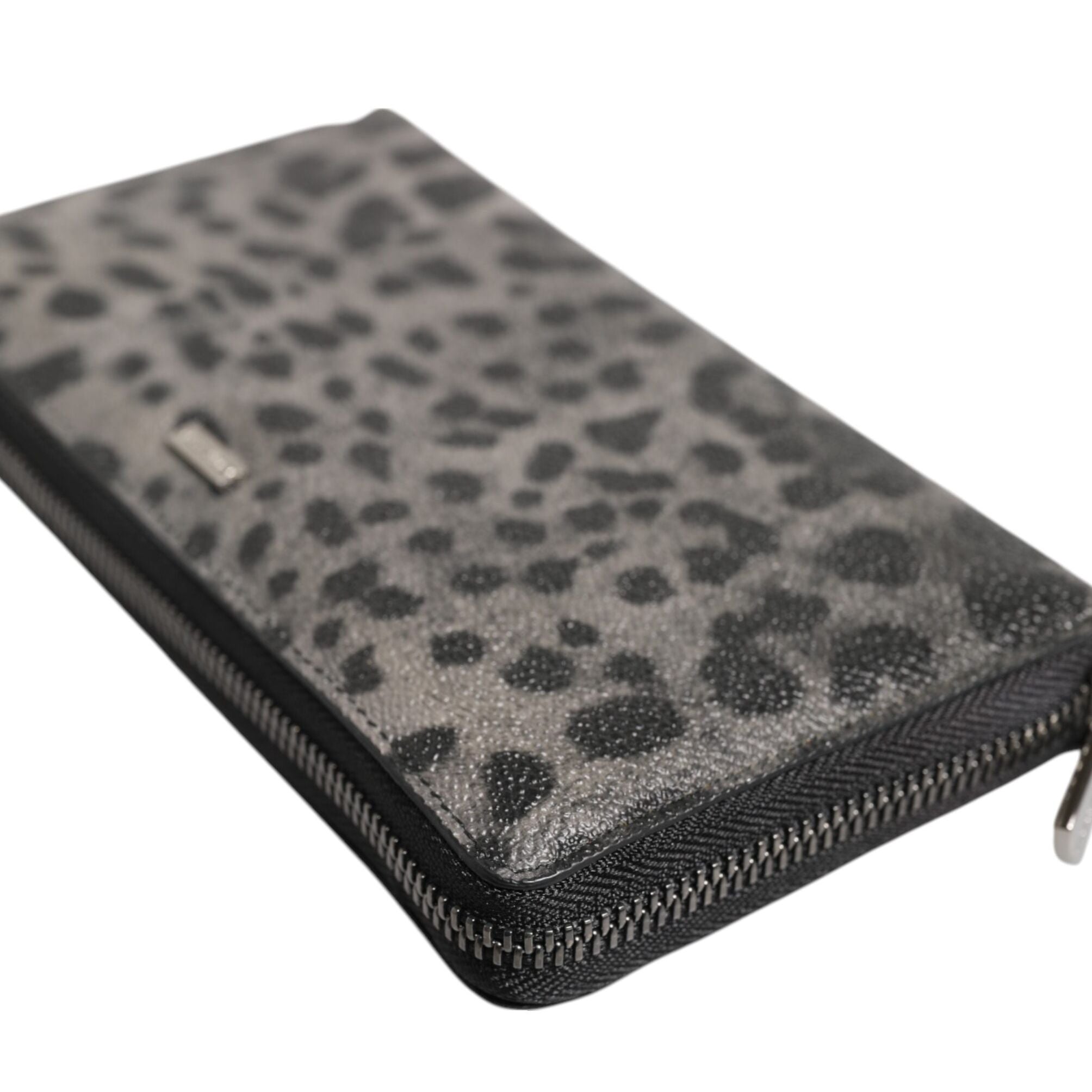 Dolce & Gabbana Black Gray Leopard Leather Zip Around Continental Wallet