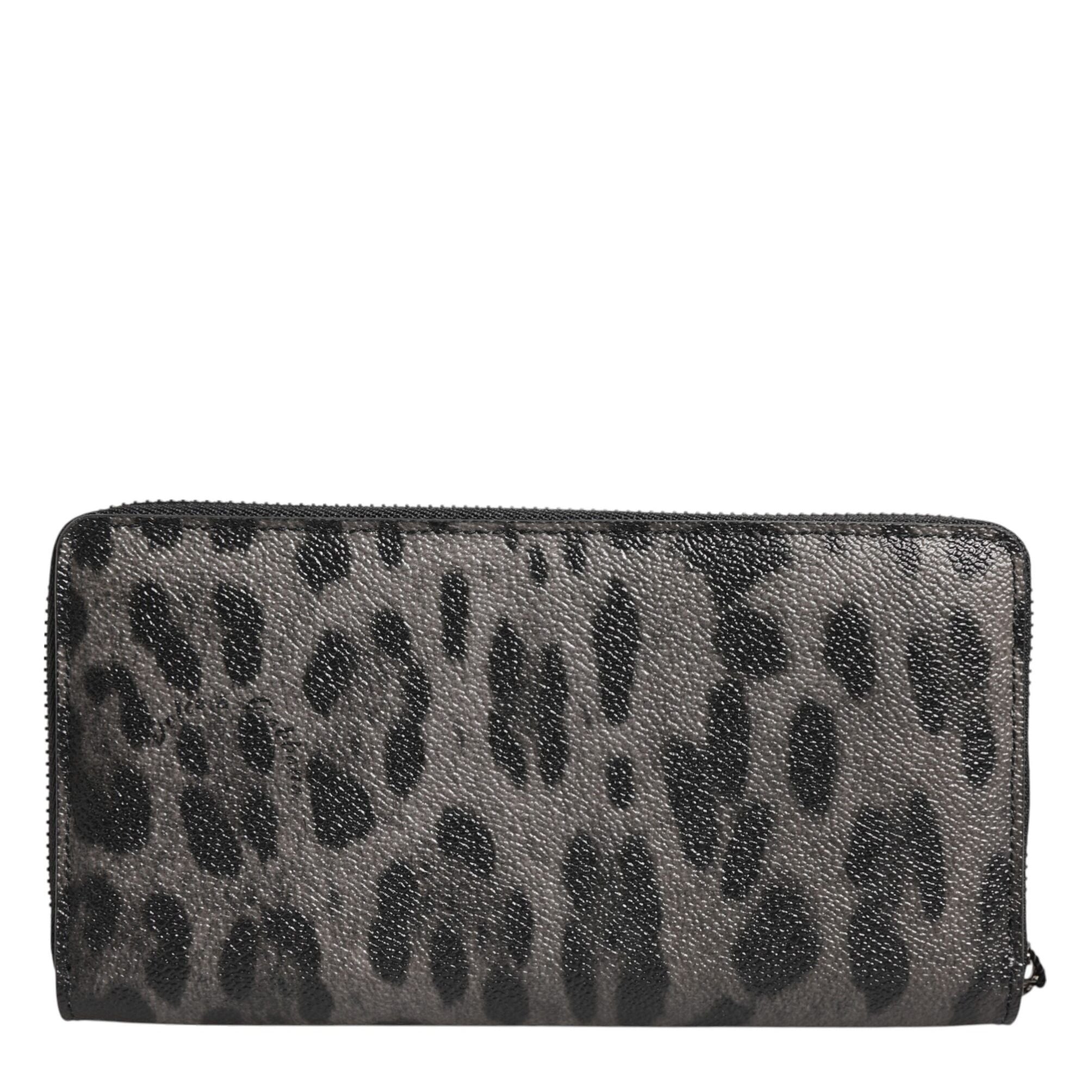 Dolce & Gabbana Black Gray Leopard Leather Zip Around Continental Wallet