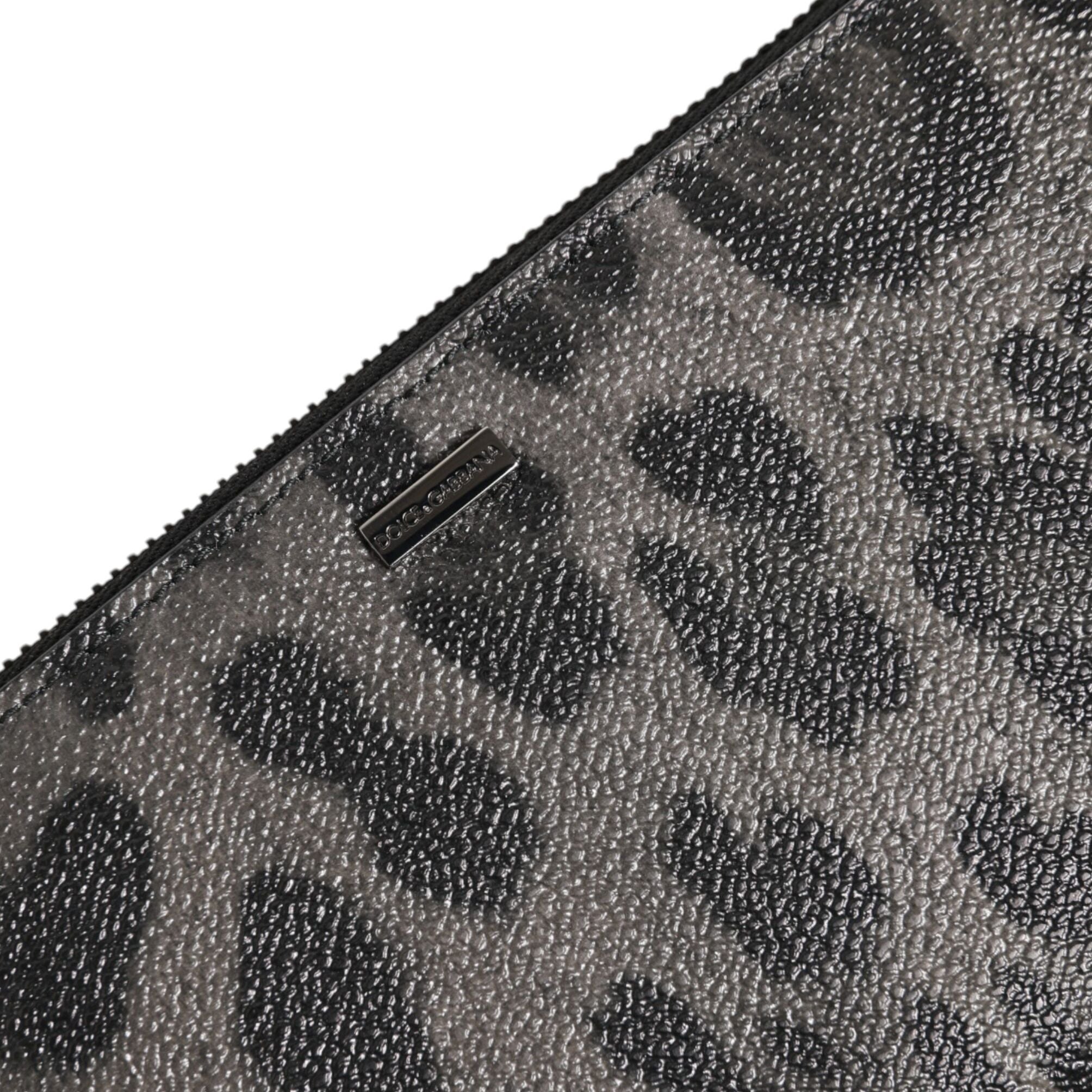Dolce & Gabbana Black Gray Leopard Leather Zip Around Continental Wallet