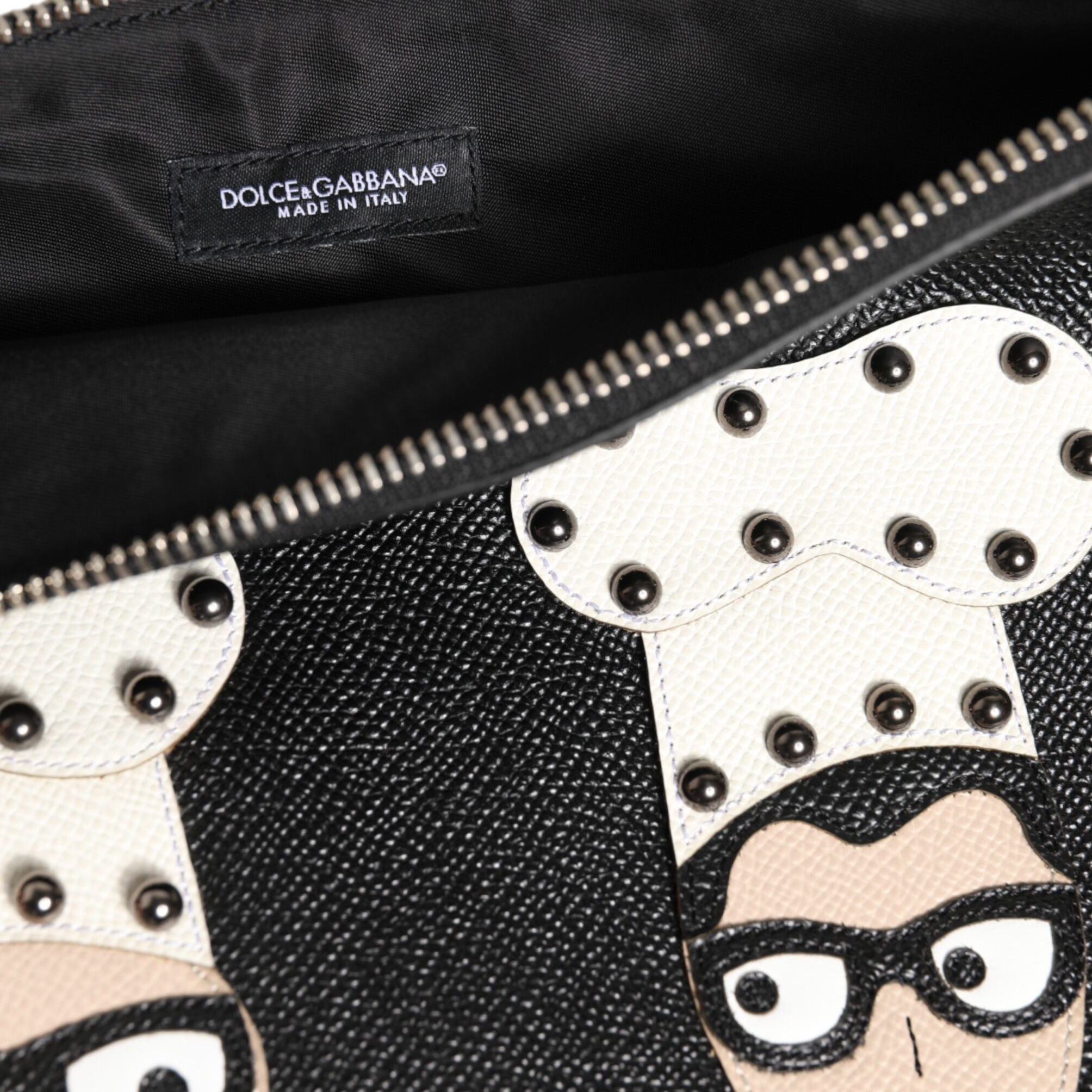 Dolce & Gabbana Black Leather #DGFAMILY Embellished Men Clutch Pouch Bag