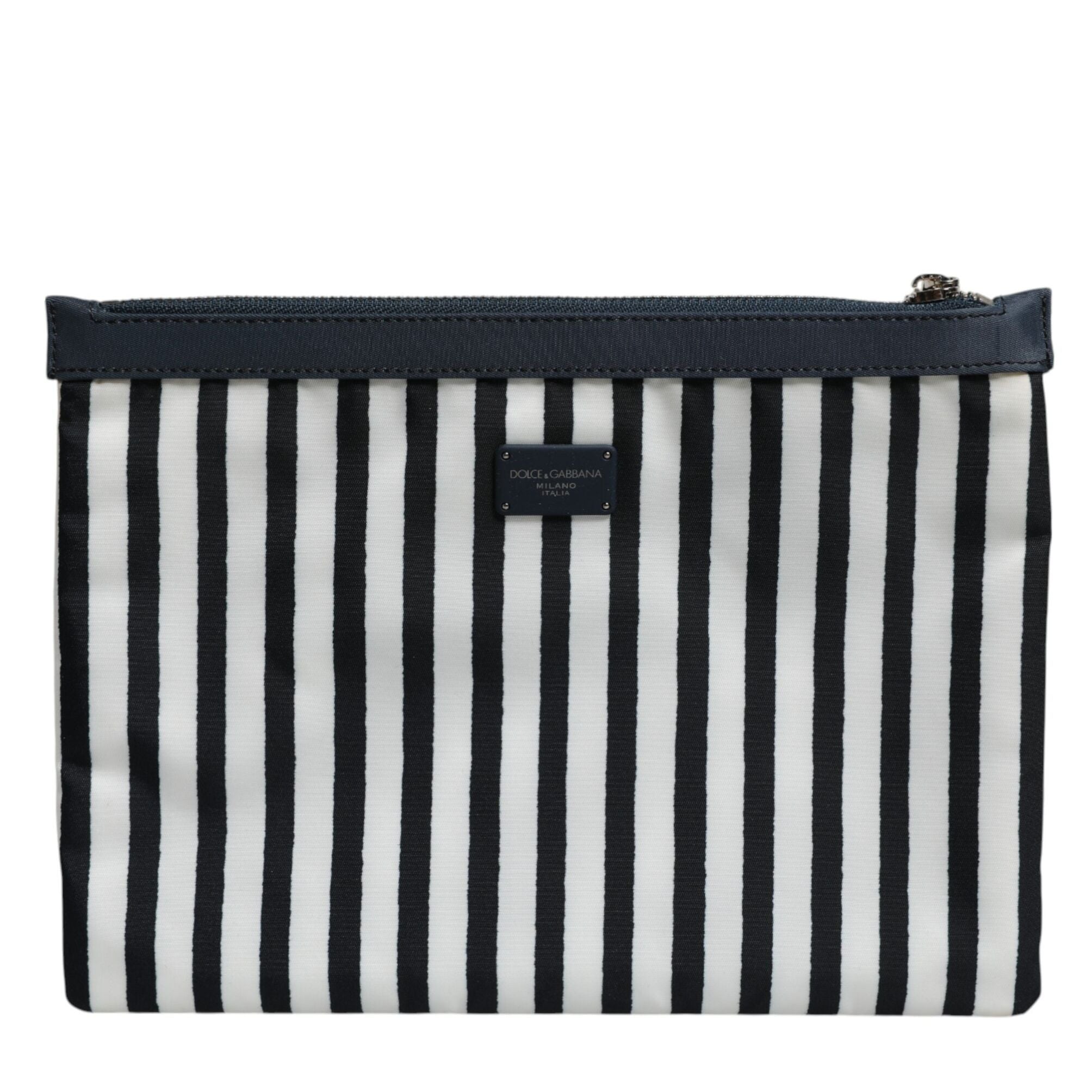 Dolce & Gabbana Black White Striped Logo Plaque Clutch Pouch Bag