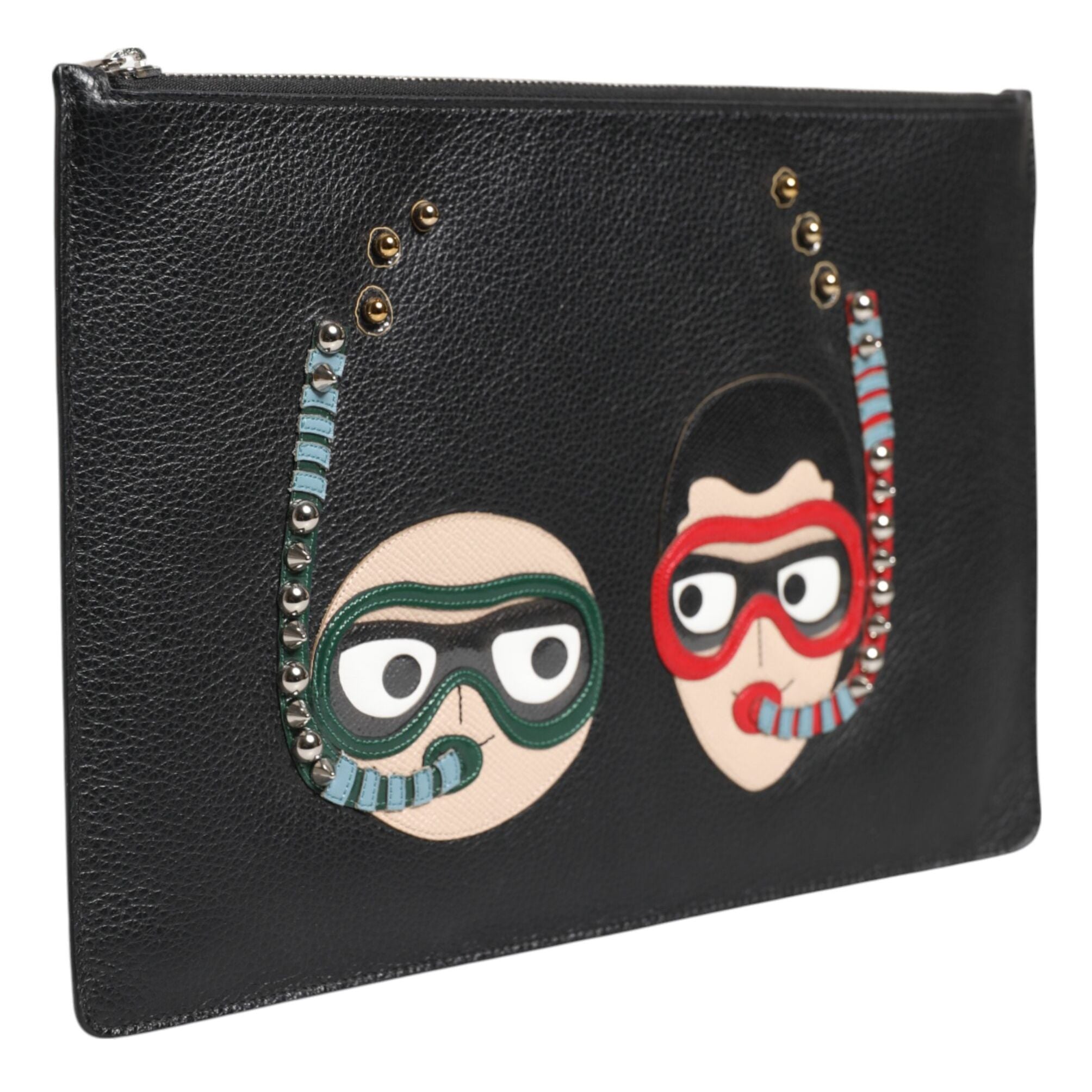 Dolce & Gabbana Black Leather #DGFAMILY Embellished Men Clutch Pouch Bag
