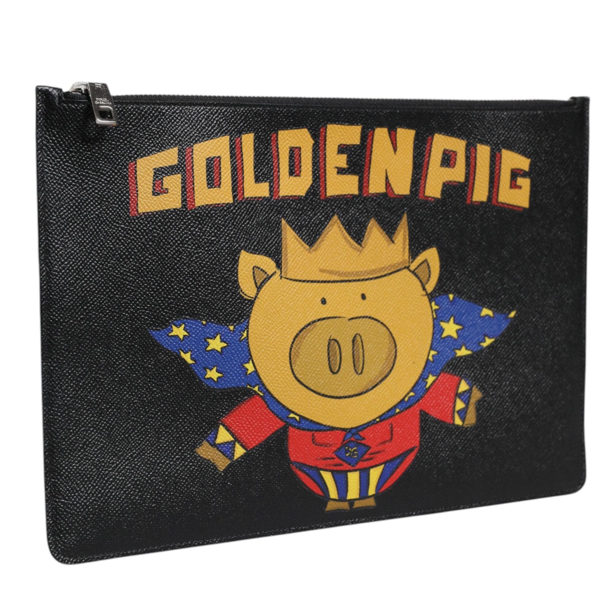 Dolce & Gabbana Black Leather Golden Pig Print Men Clutch Pouch Borse Bag