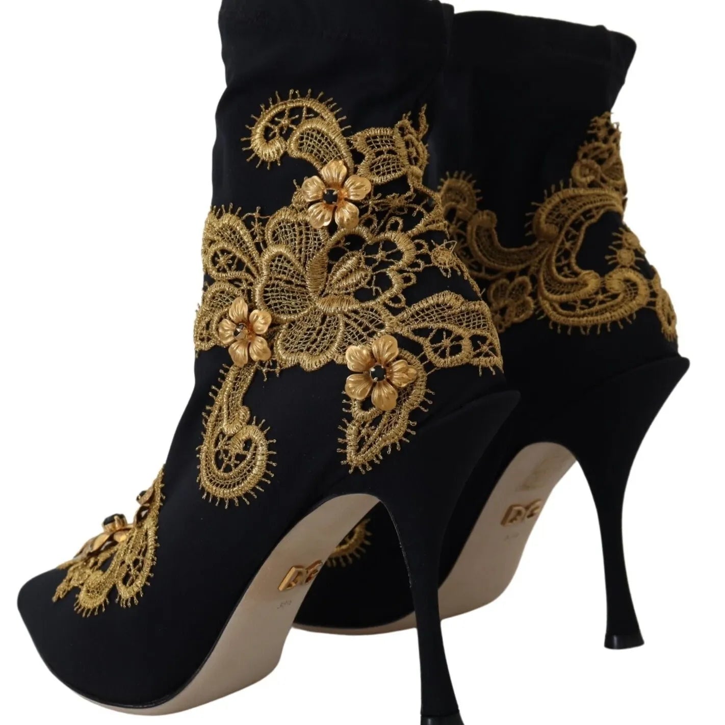 Dolce & Gabbana Black Gold Embroidery Crystal Boots Shoes