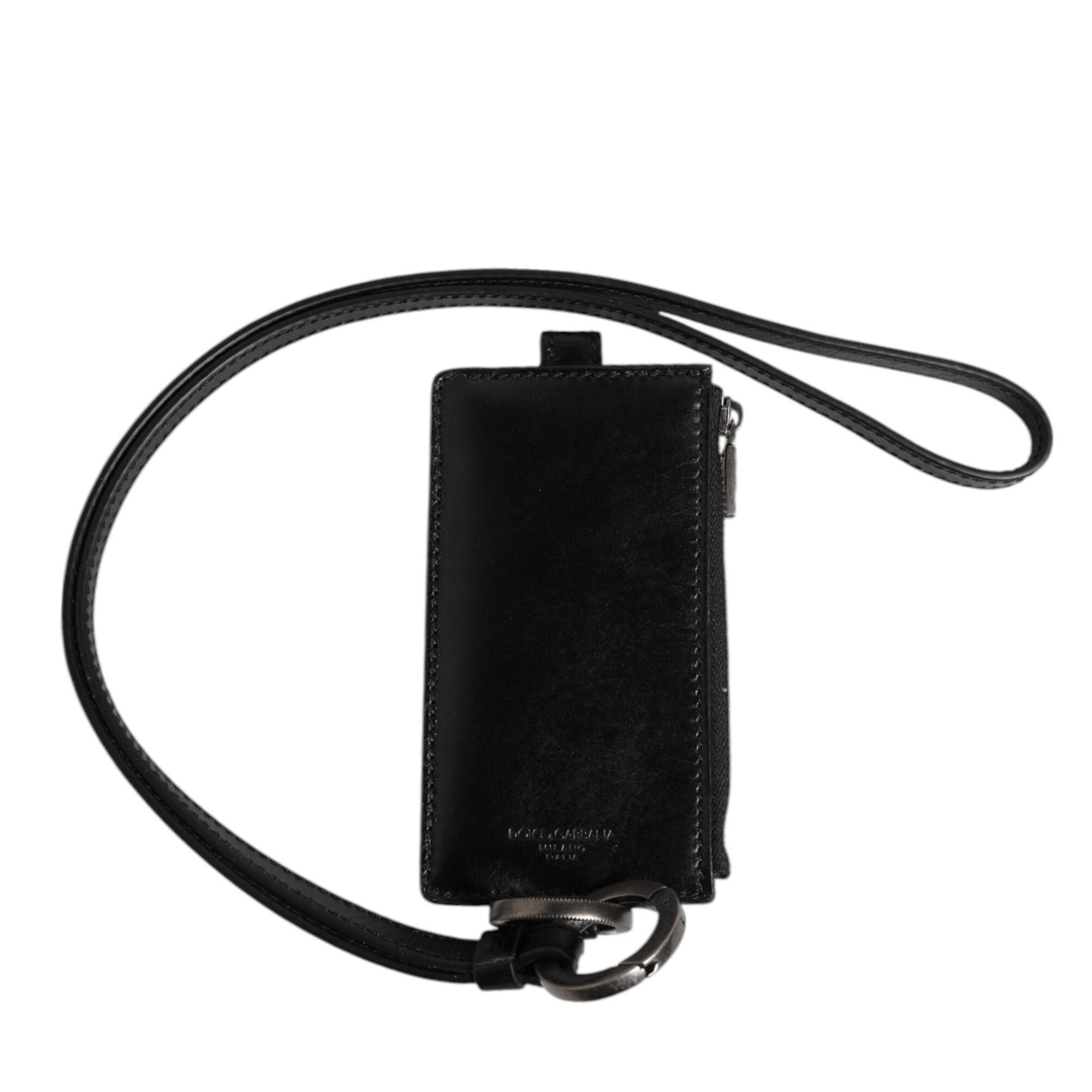 Dolce & Gabbana Black Leather Logo Embossed Lanyard Card Holder Wallet