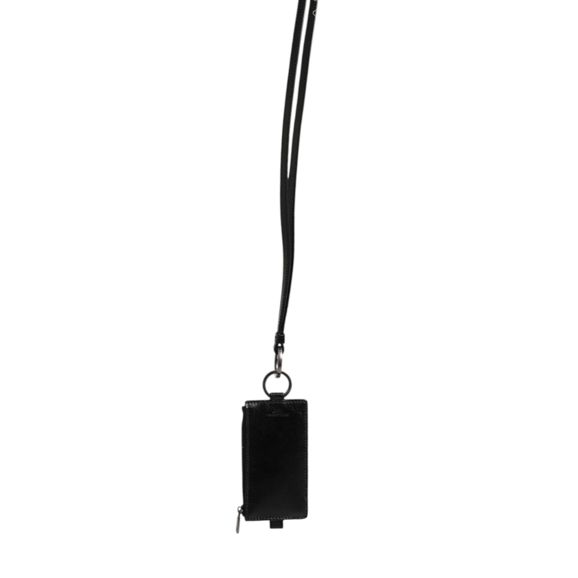 Dolce & Gabbana Black Leather Logo Embossed Lanyard Card Holder Wallet