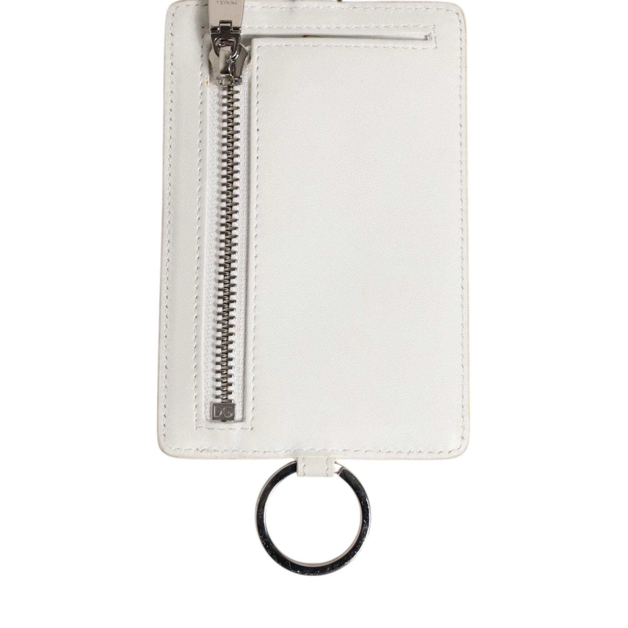 Dolce & Gabbana White Calf Leather Lanyard Logo Card Holder Men Wallet