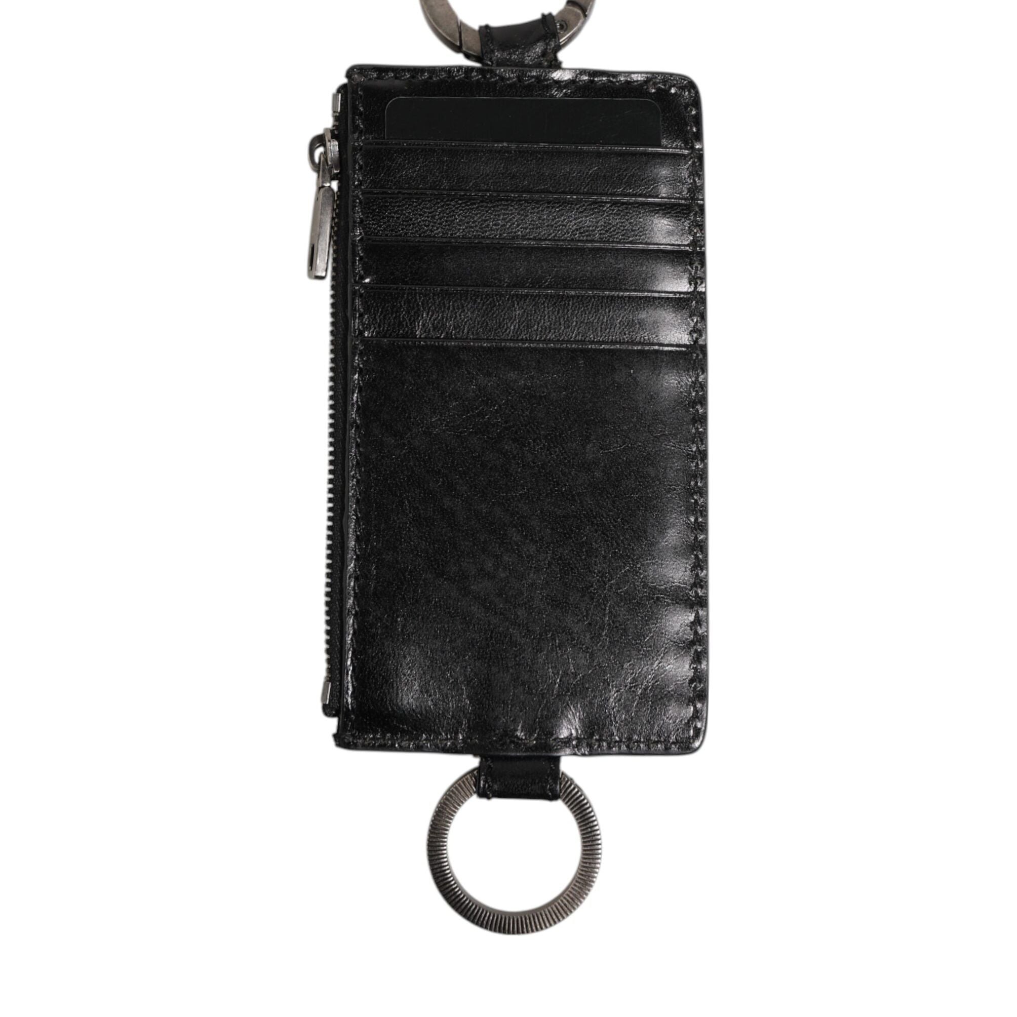 Dolce & Gabbana Black Leather Logo Embossed Lanyard Card Holde Wallet