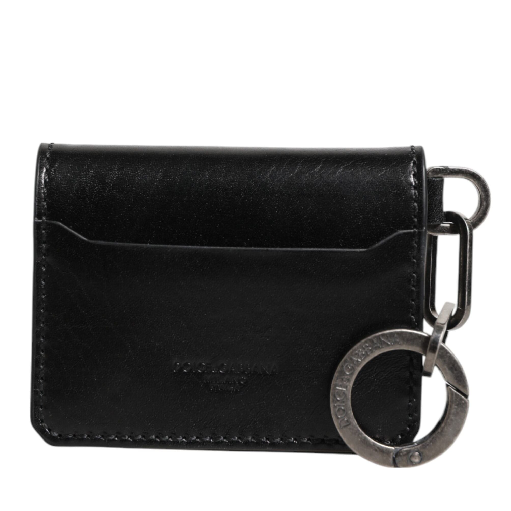 Dolce & Gabbana Wallet Black Leather Logo Embossed Key Chain Card Holder Wallet