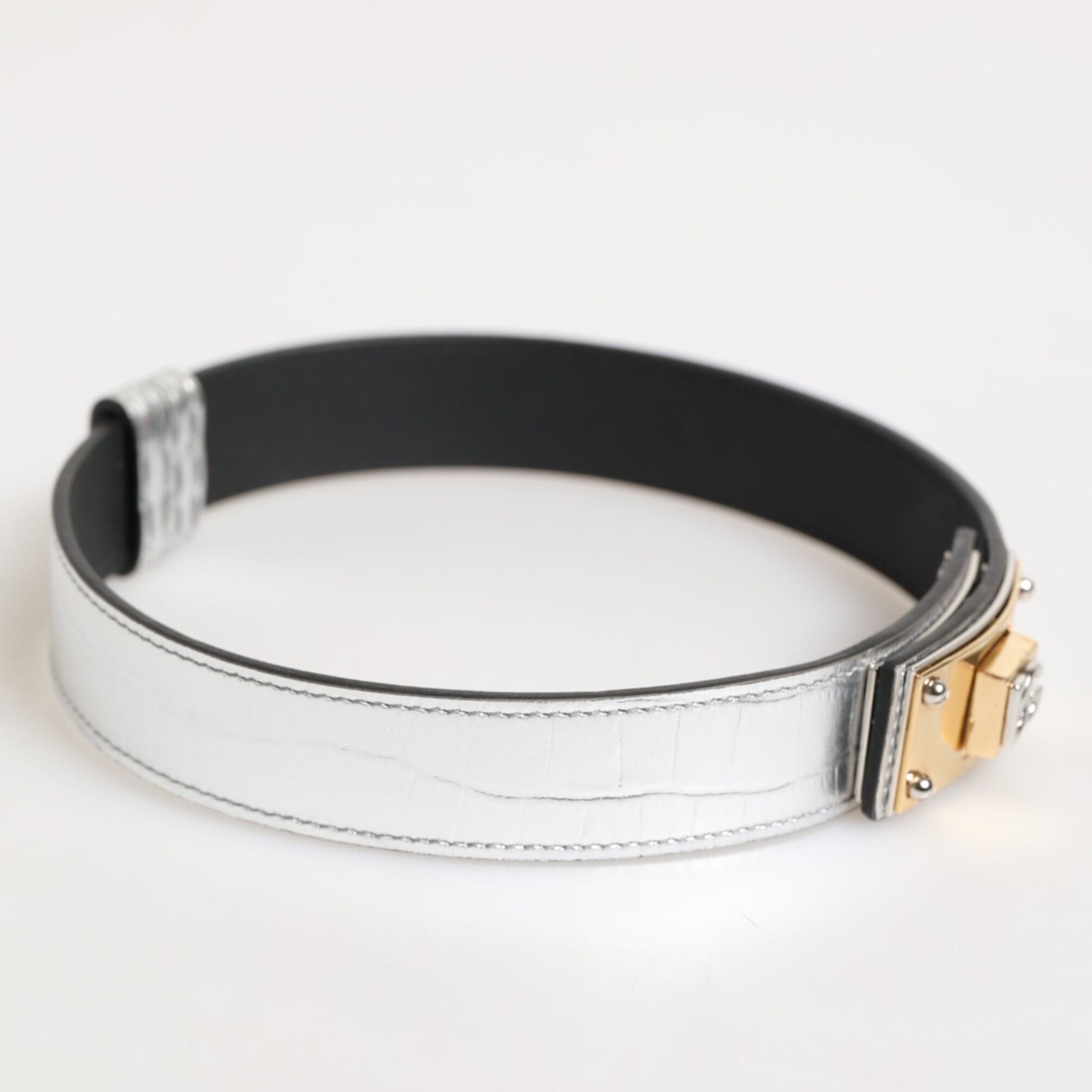 Dolce & Gabbana Silver Textured Leather Gold Tone Metal Neckband