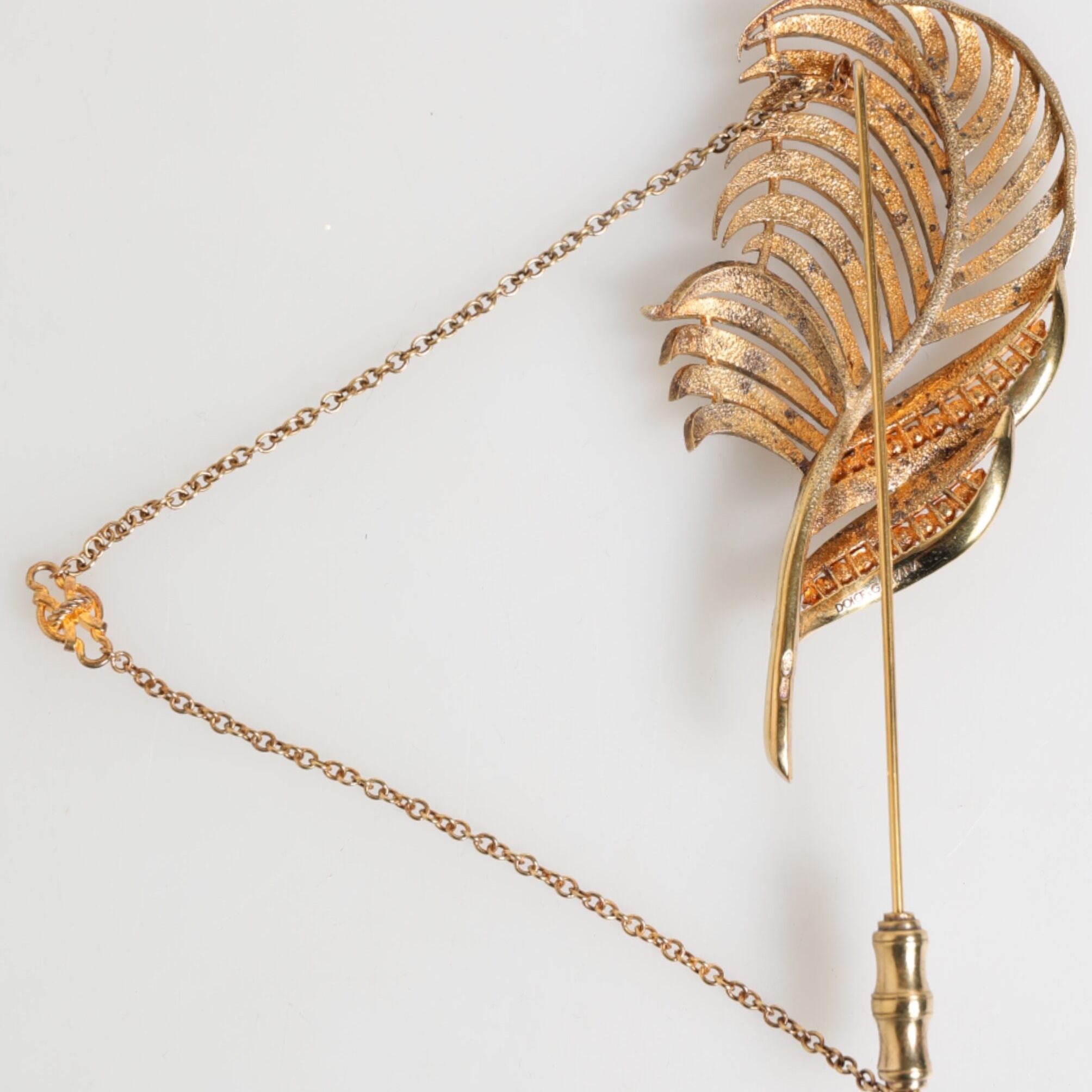 Dolce & Gabbana Gold Tone Leaf 925 Sterling Silver Crystal Chain Brooch