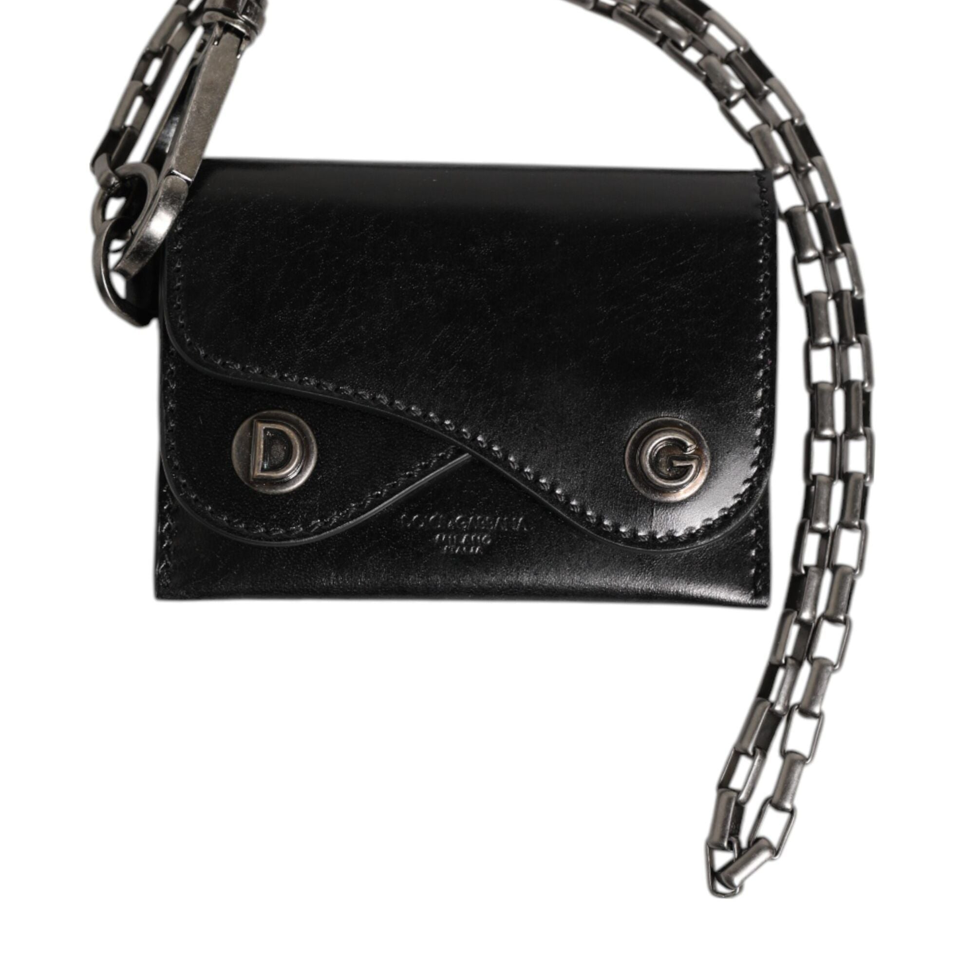 Dolce & Gabbana Black Cavallo Leather Wallet Chain Snap Bifold Card Holder