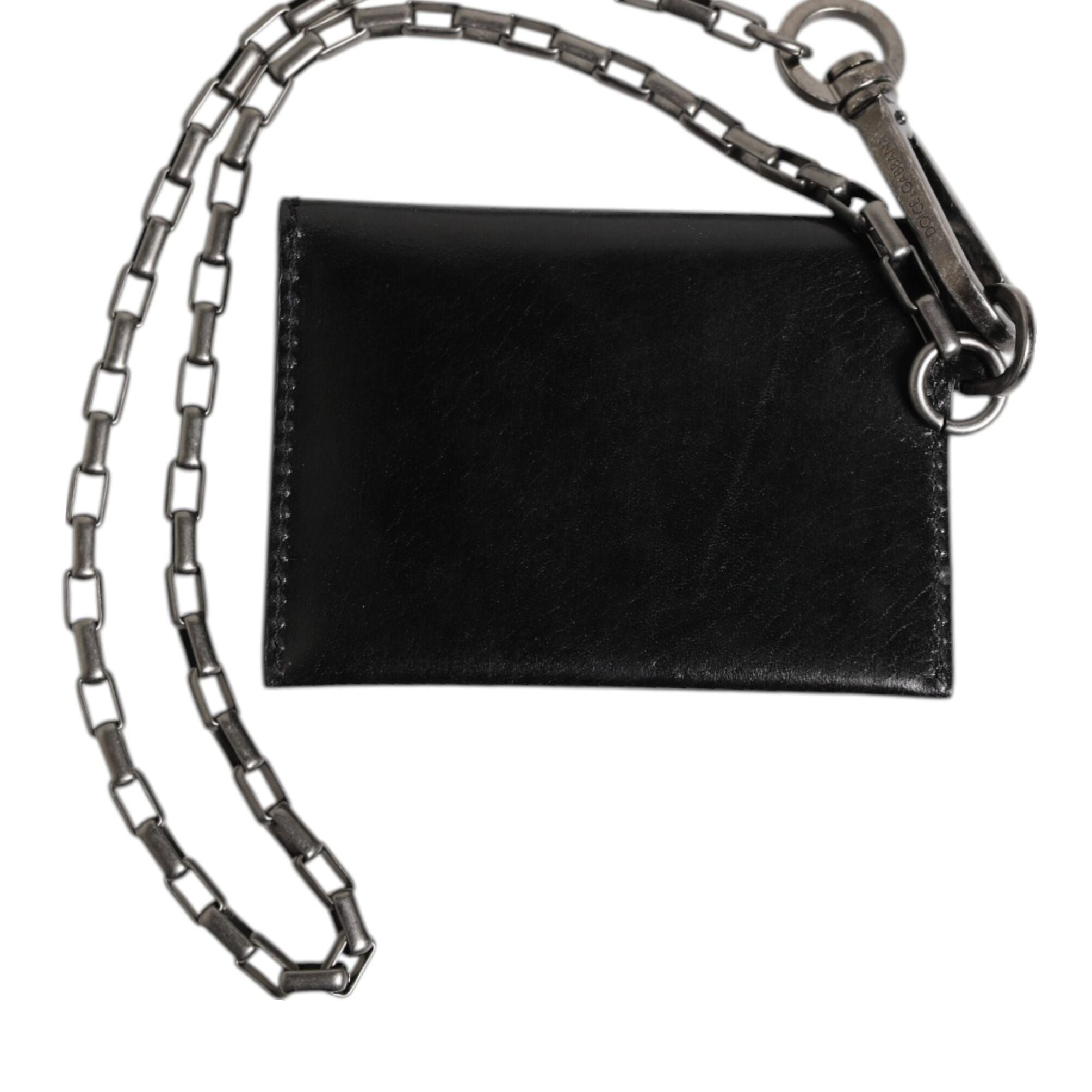 Dolce & Gabbana Black Cavallo Leather Wallet Chain Snap Bifold Card Holder
