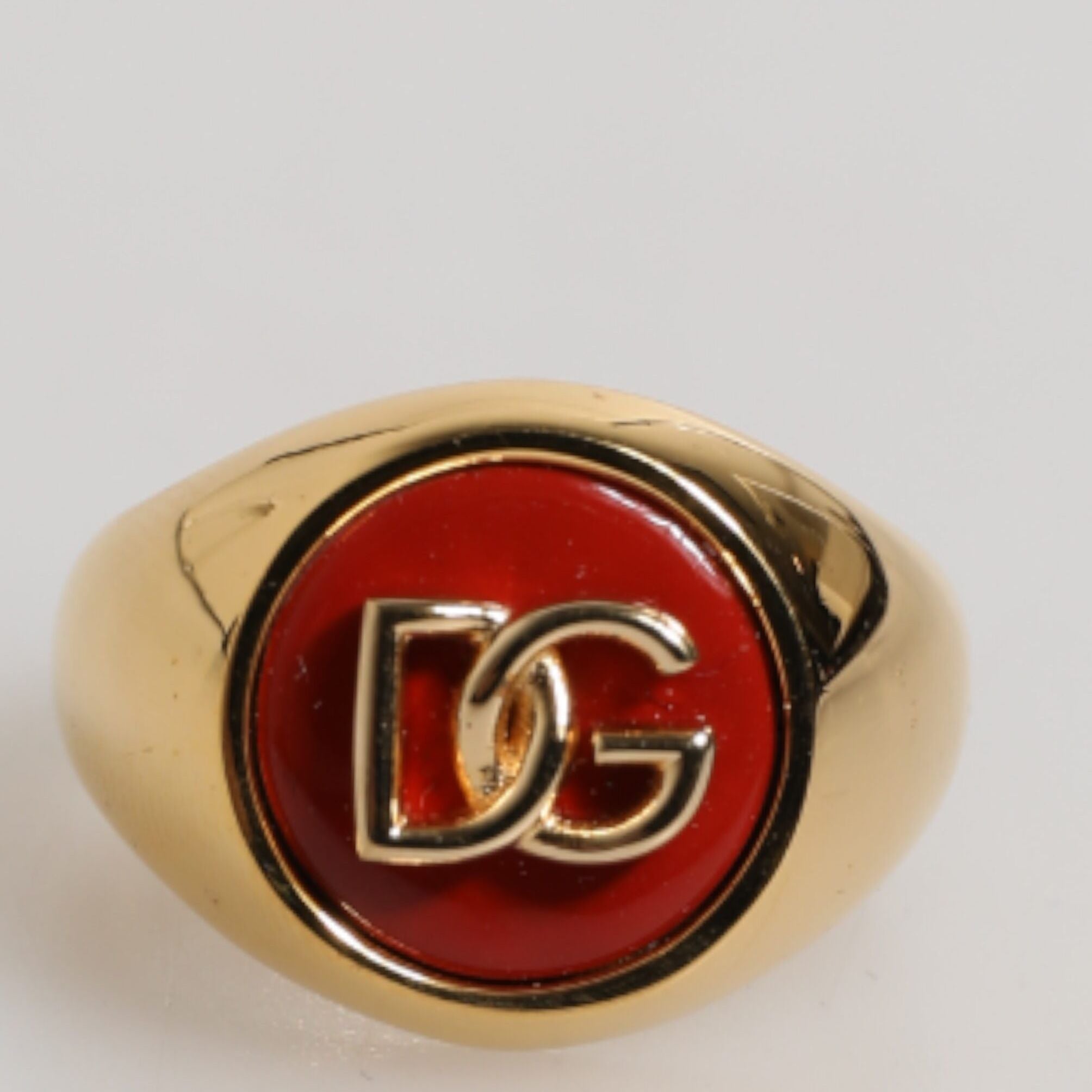 Dolce & Gabbana Gold Tone Real Brass Round Red DG Logo Men Ring