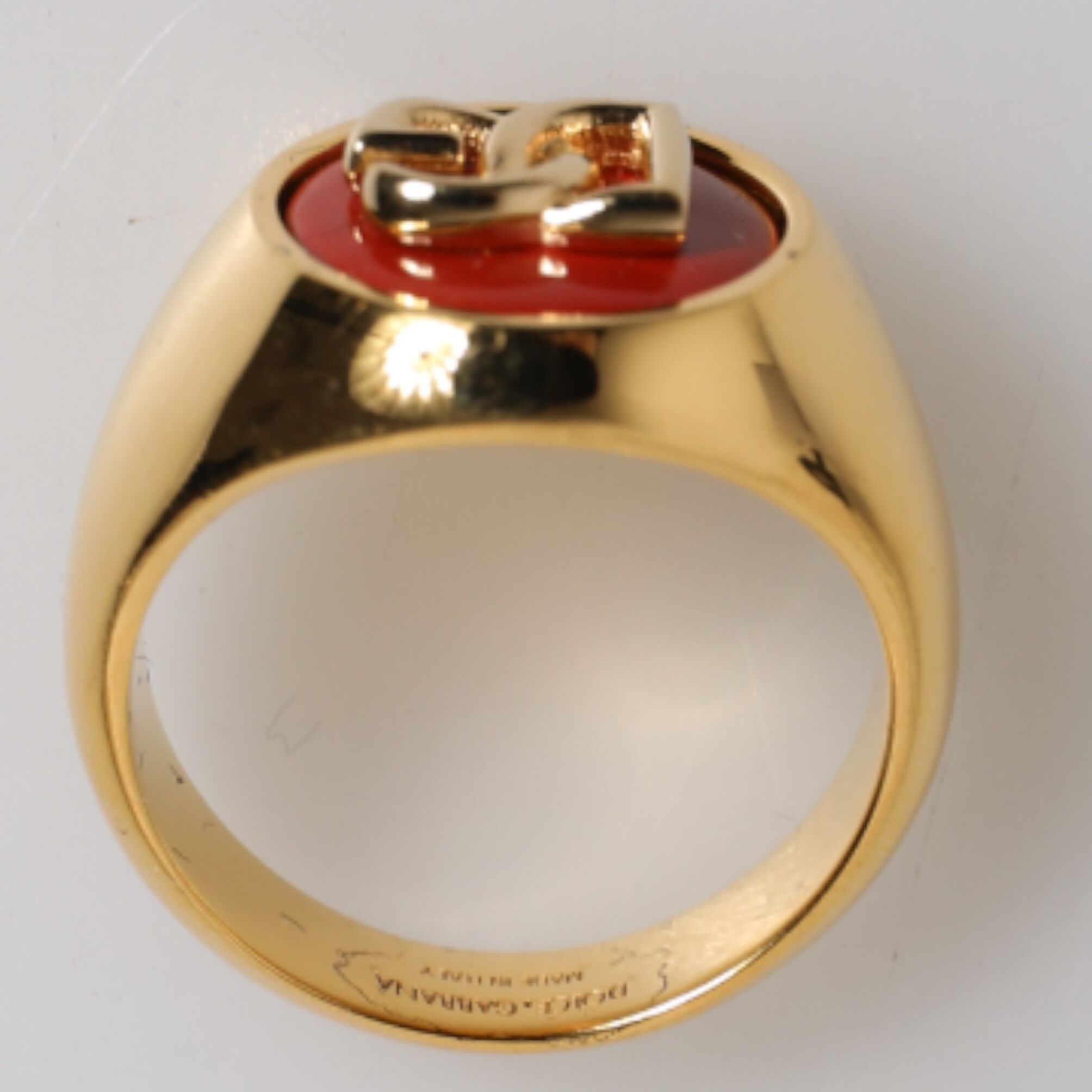 Dolce & Gabbana Gold Tone Real Brass Round Red DG Logo Men Ring