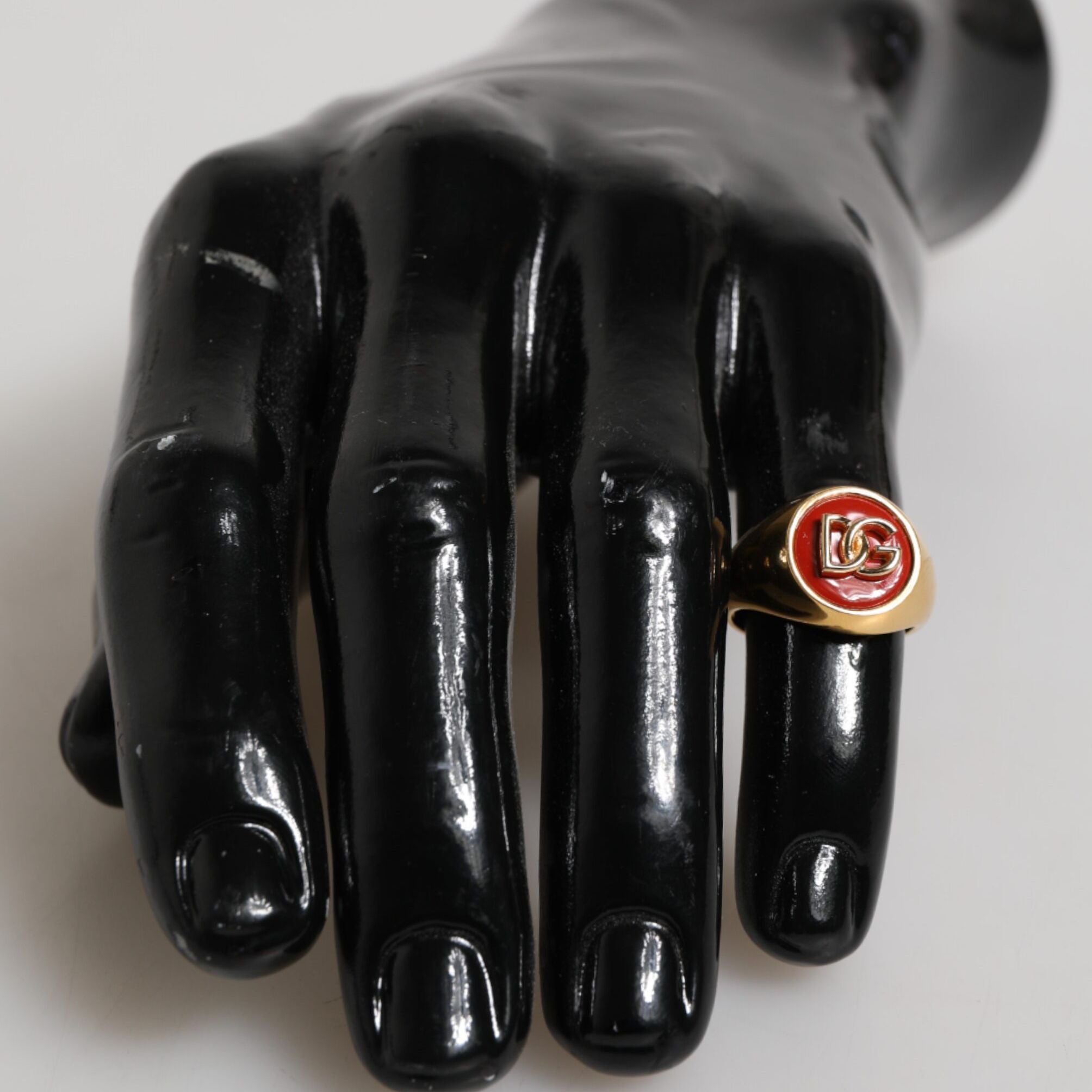 Dolce & Gabbana Gold Tone Real Brass Round Red DG Logo Men Ring
