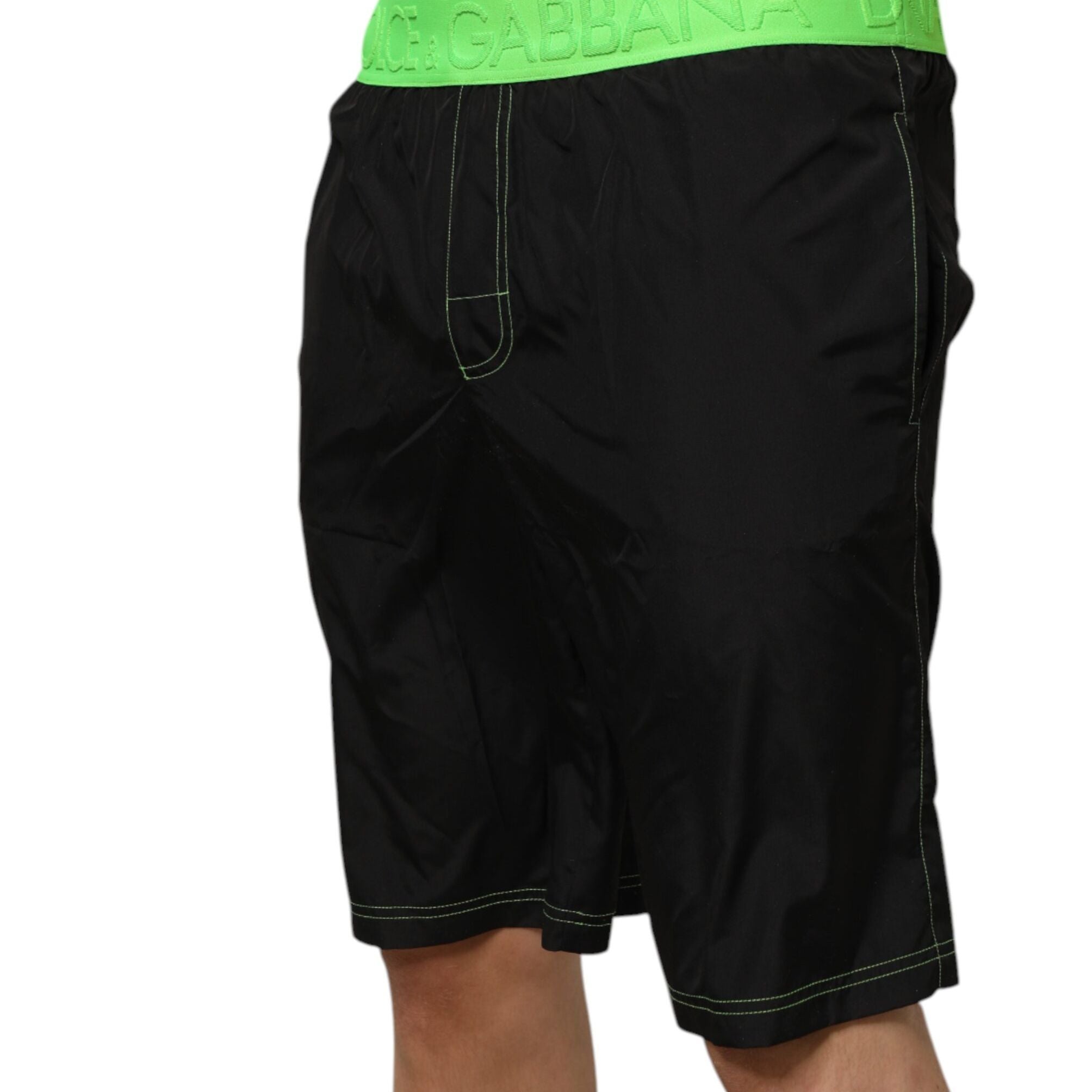 Dolce & Gabbana Black Green Logo Waistband Beachwear Short Swimwear