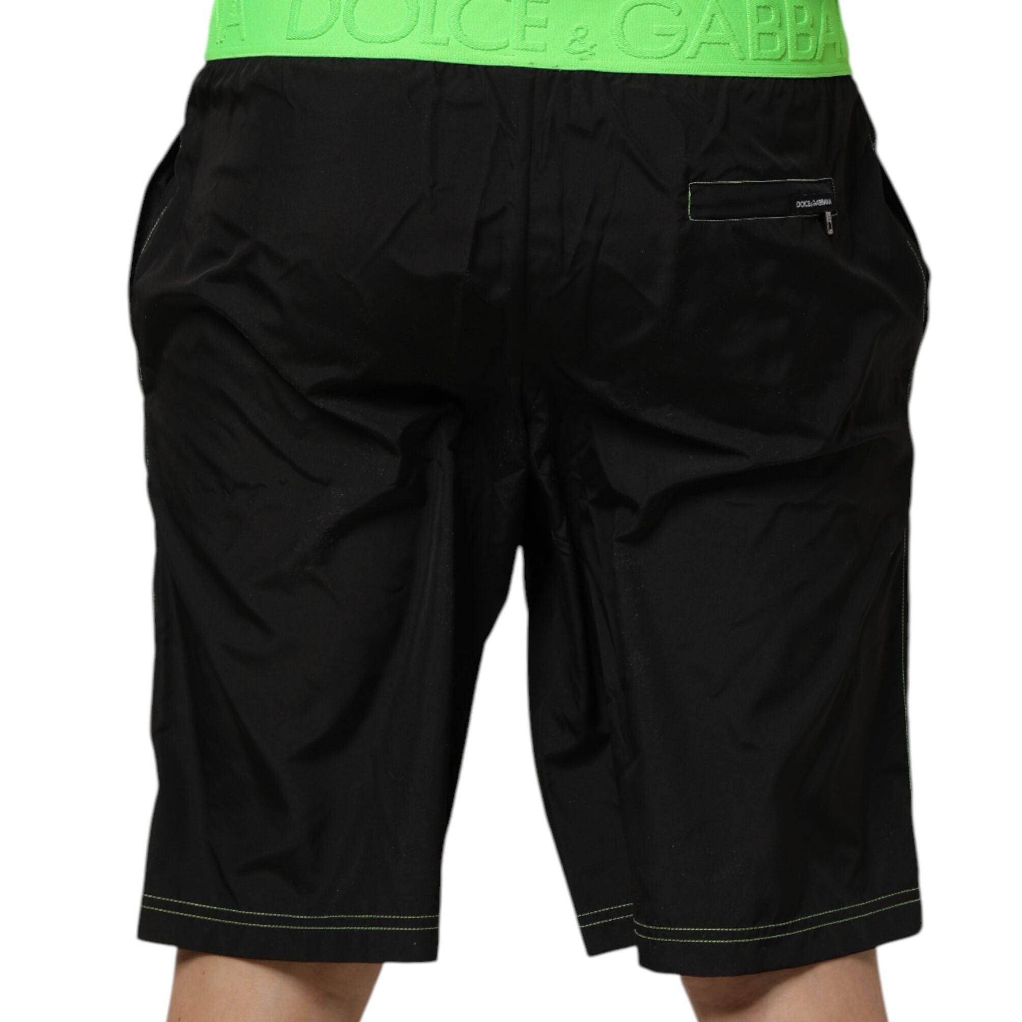 Dolce & Gabbana Black Green Logo Waistband Beachwear Short Swimwear