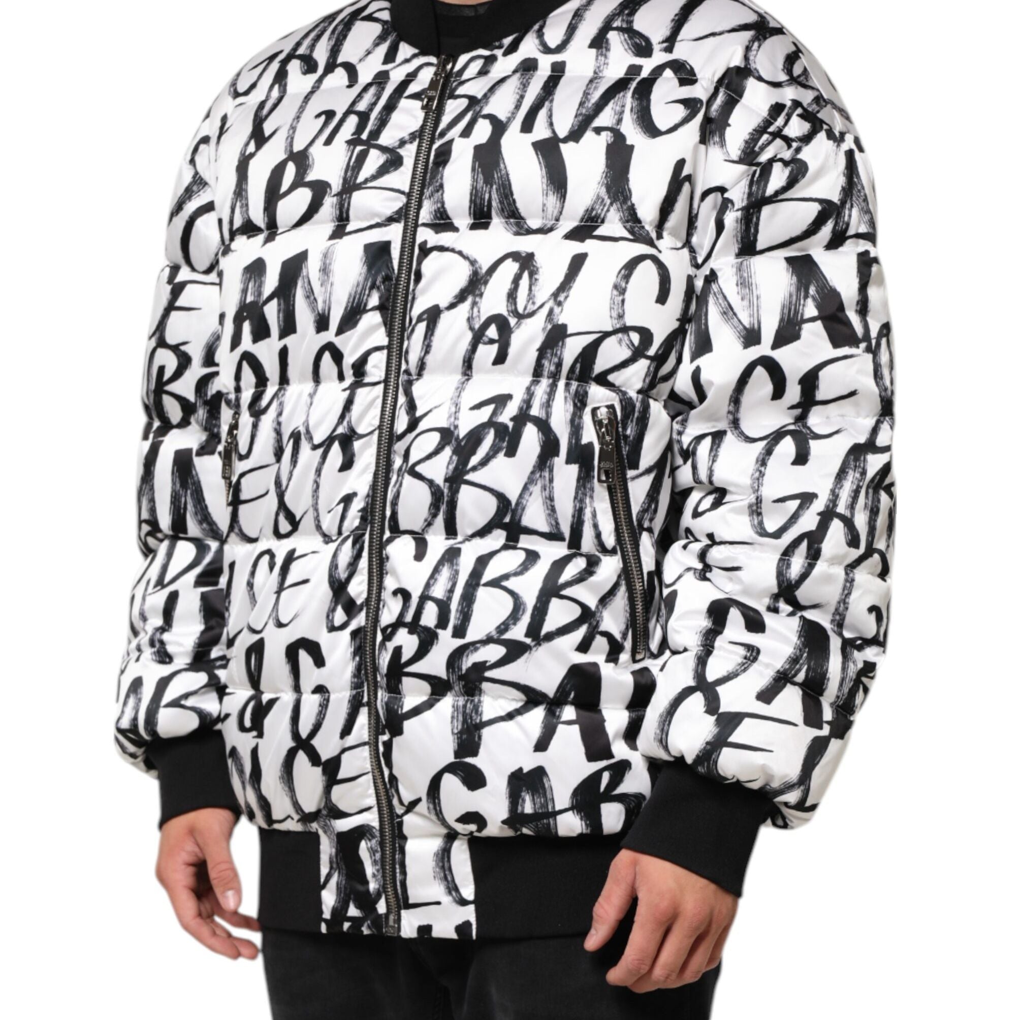 Dolce & Gabbana White Black Graffiti Logo Puffer Bomber Jacket