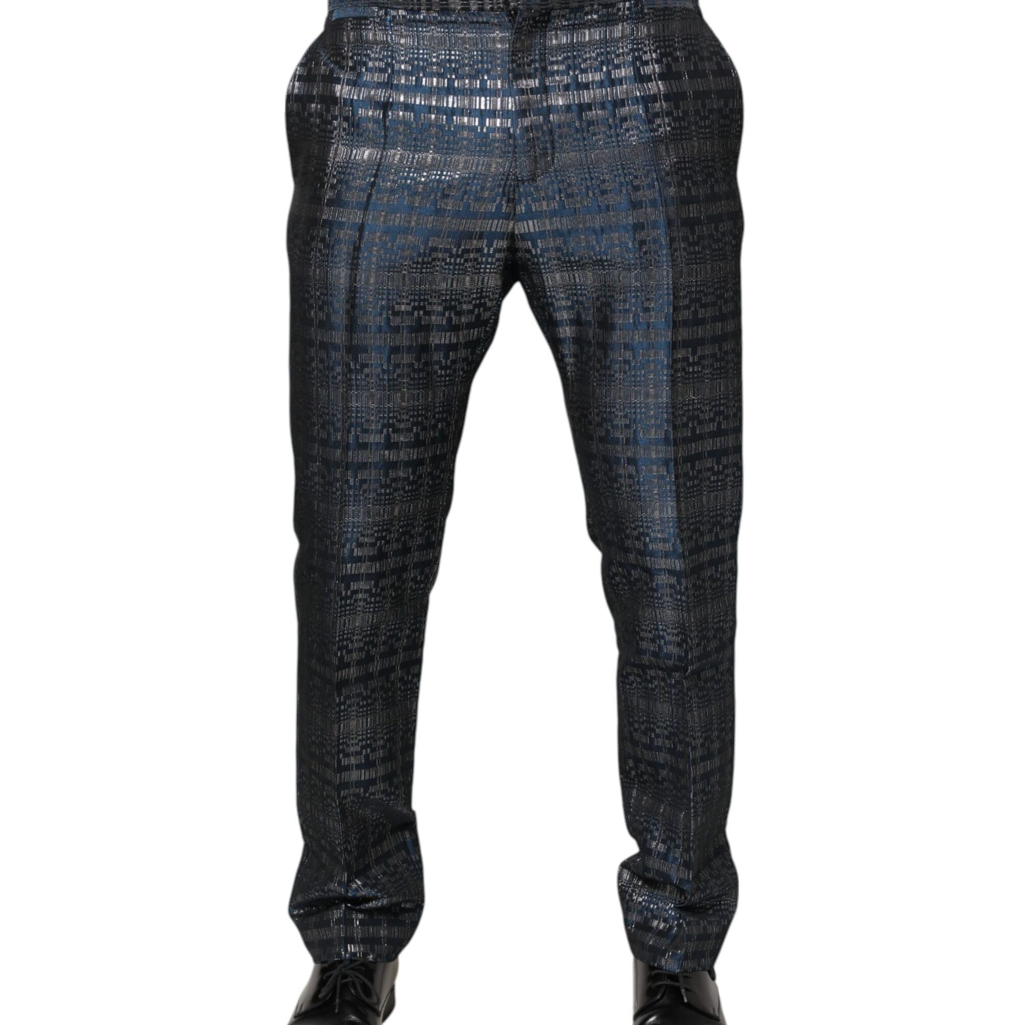 Dolce & Gabbana Blue Silver Shiny Silk Skinny Men Trouser Pants