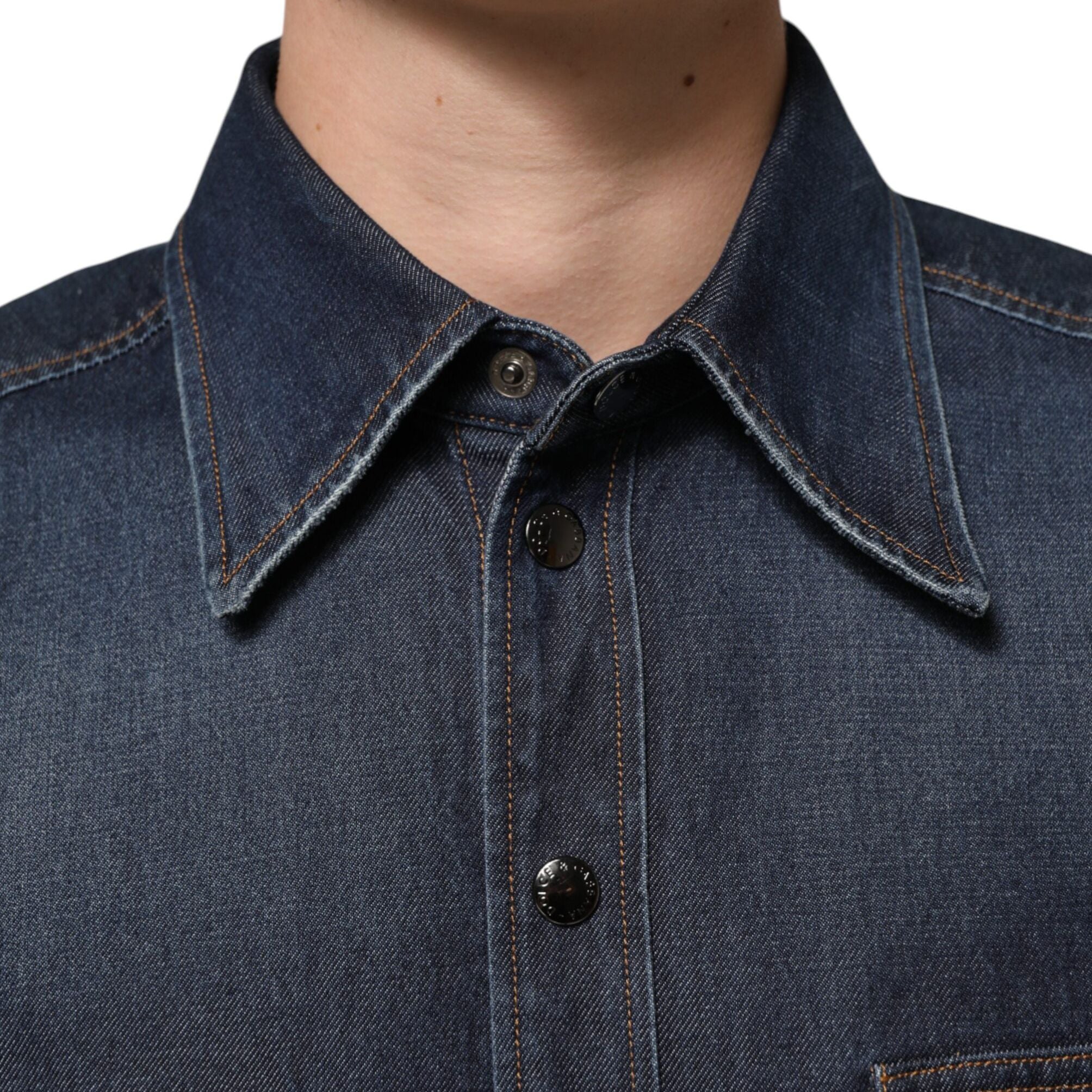 Dolce & Gabbana Blue Denim Button Casual Logo Patch Men Shirt