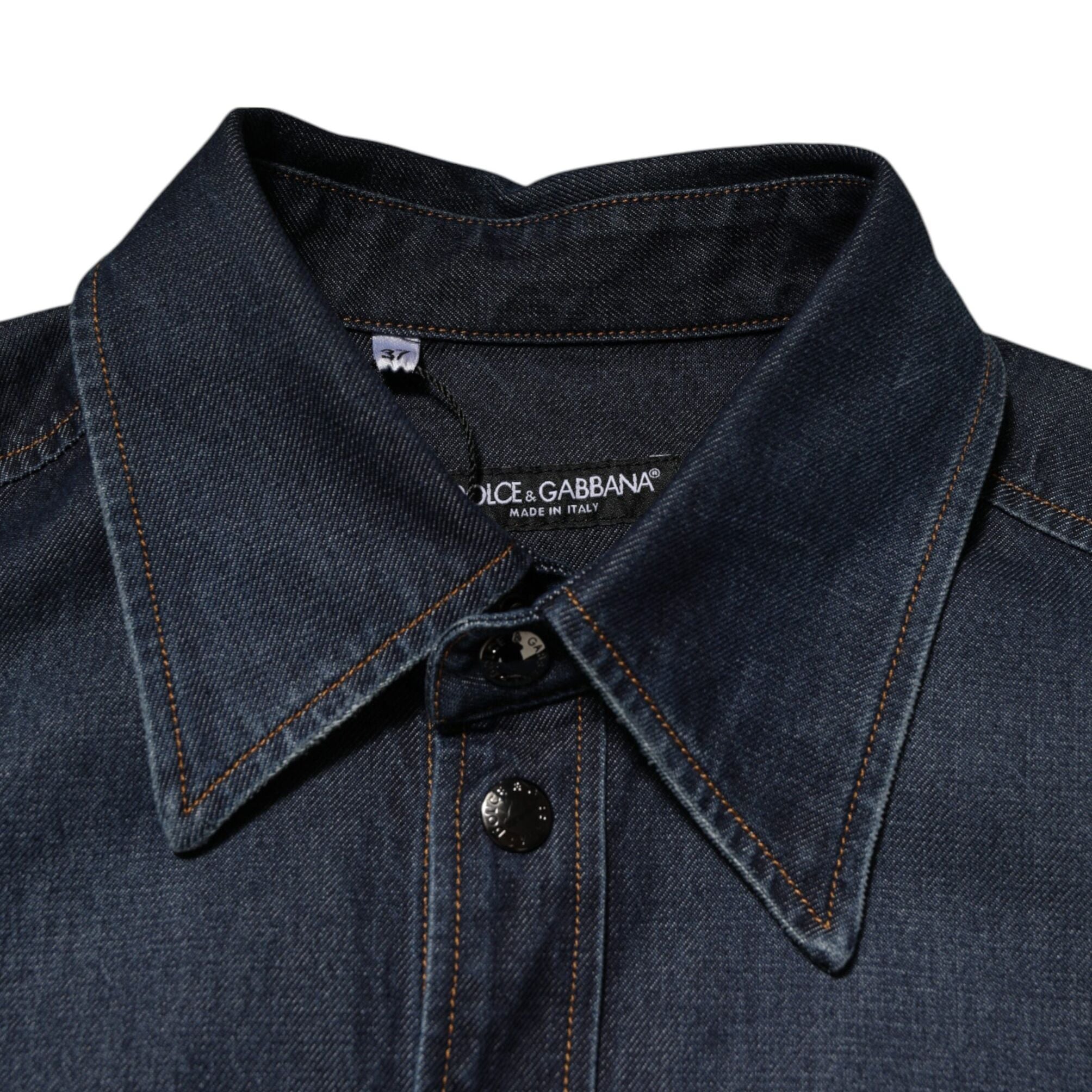 Dolce & Gabbana Blue Denim Button Casual Logo Patch Men Shirt