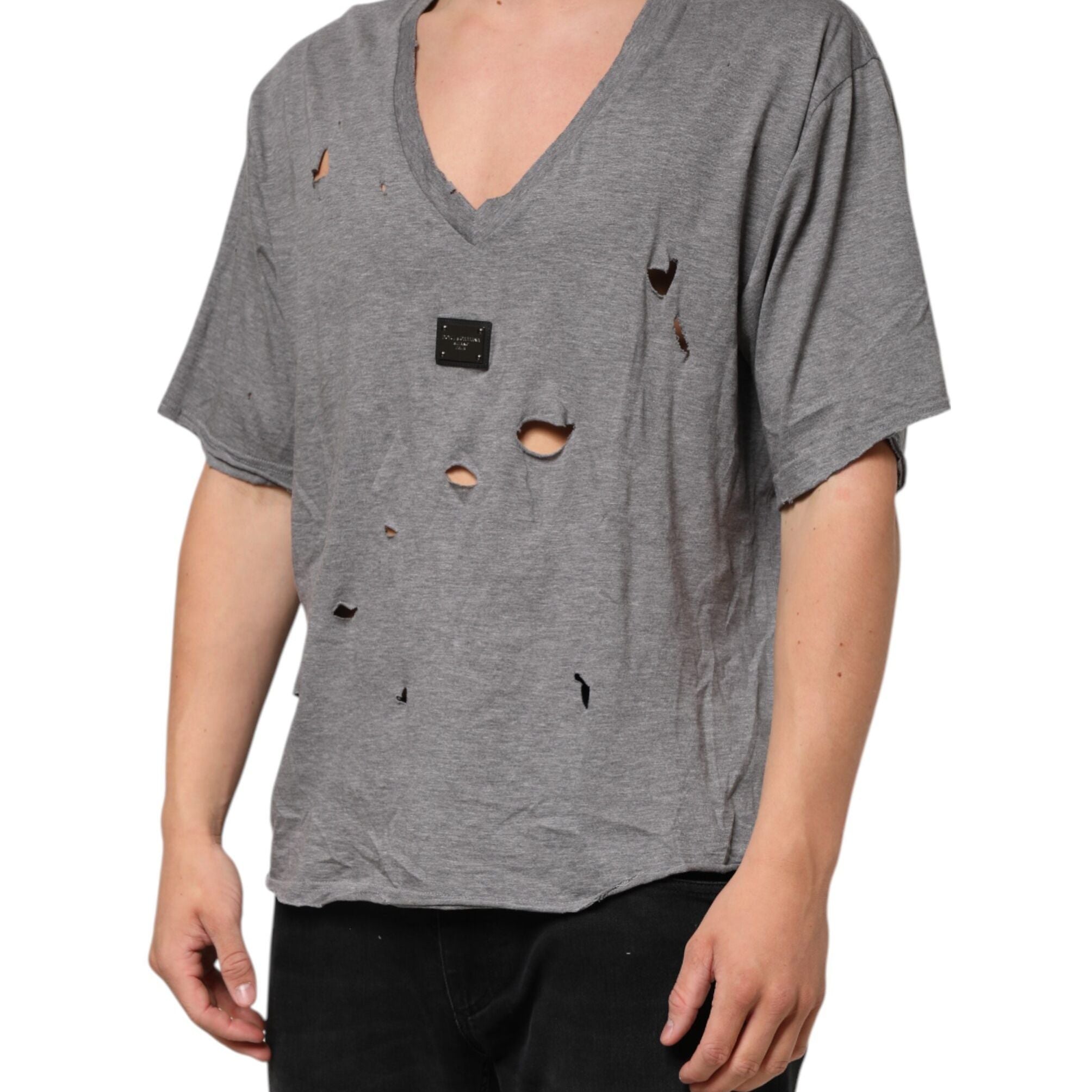 Dolce & Gabbana Gray Cotton Tattered Logo Patch Men T-shirt