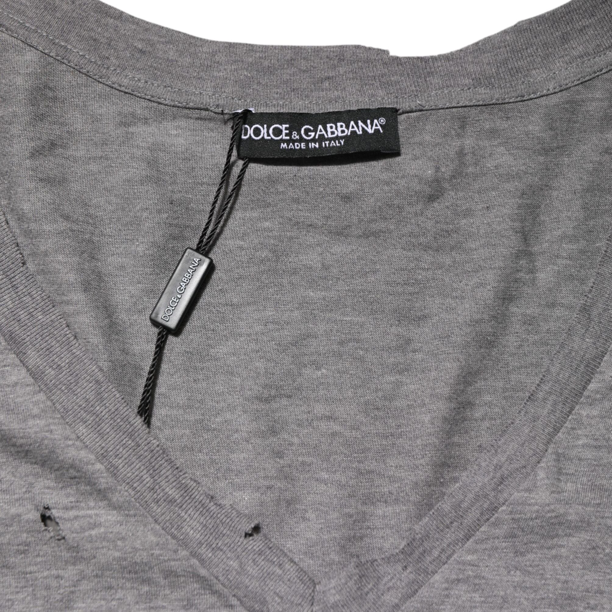 Dolce & Gabbana Gray Cotton Tattered Logo Patch Men T-shirt