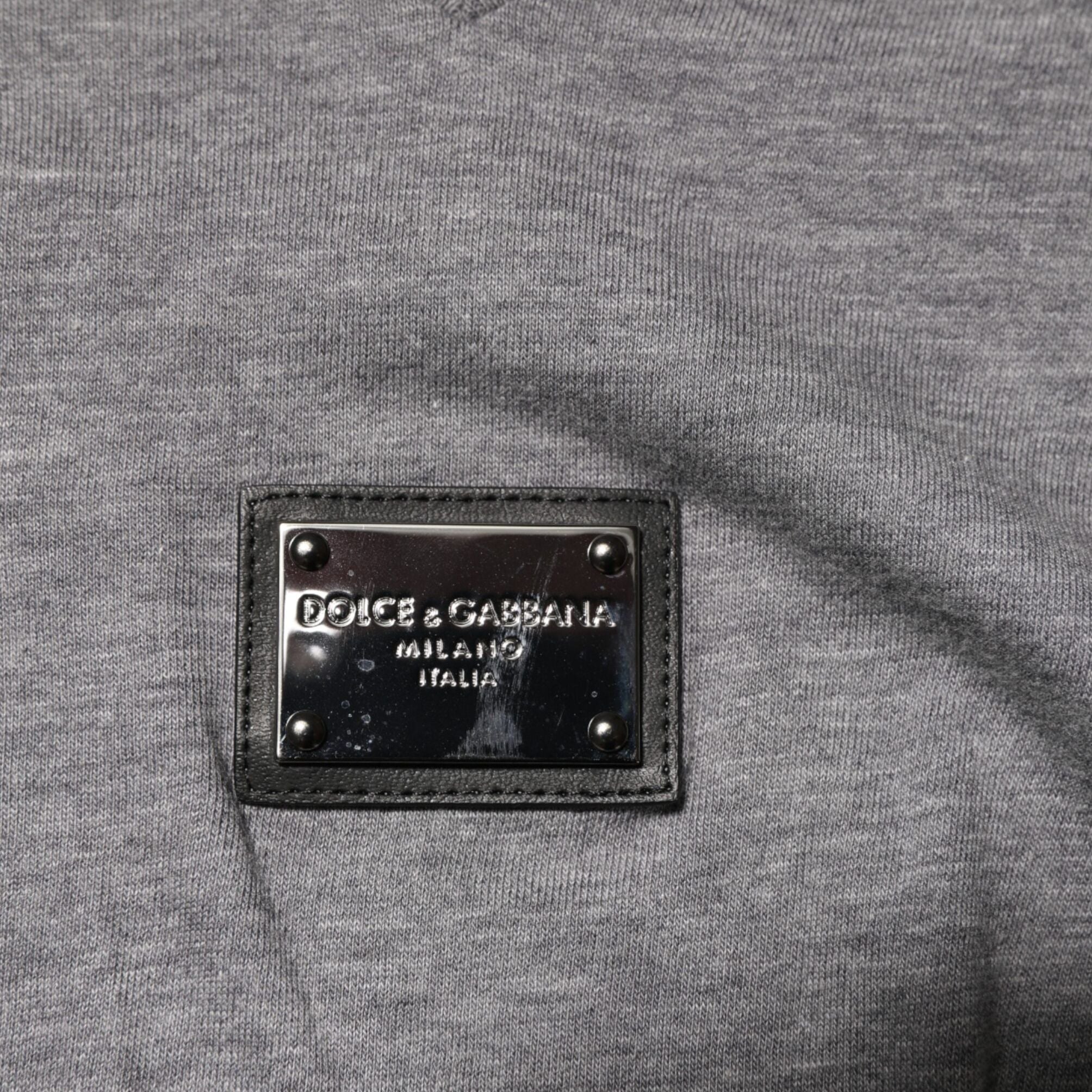 Dolce & Gabbana Gray Cotton Tattered Logo Patch Men T-shirt