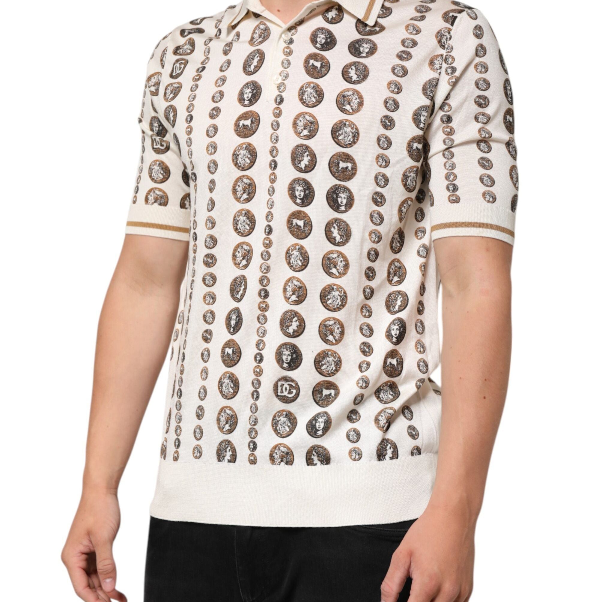 Dolce & Gabbana Silk Ivory Coin Print Logo Men Polo T-shirt