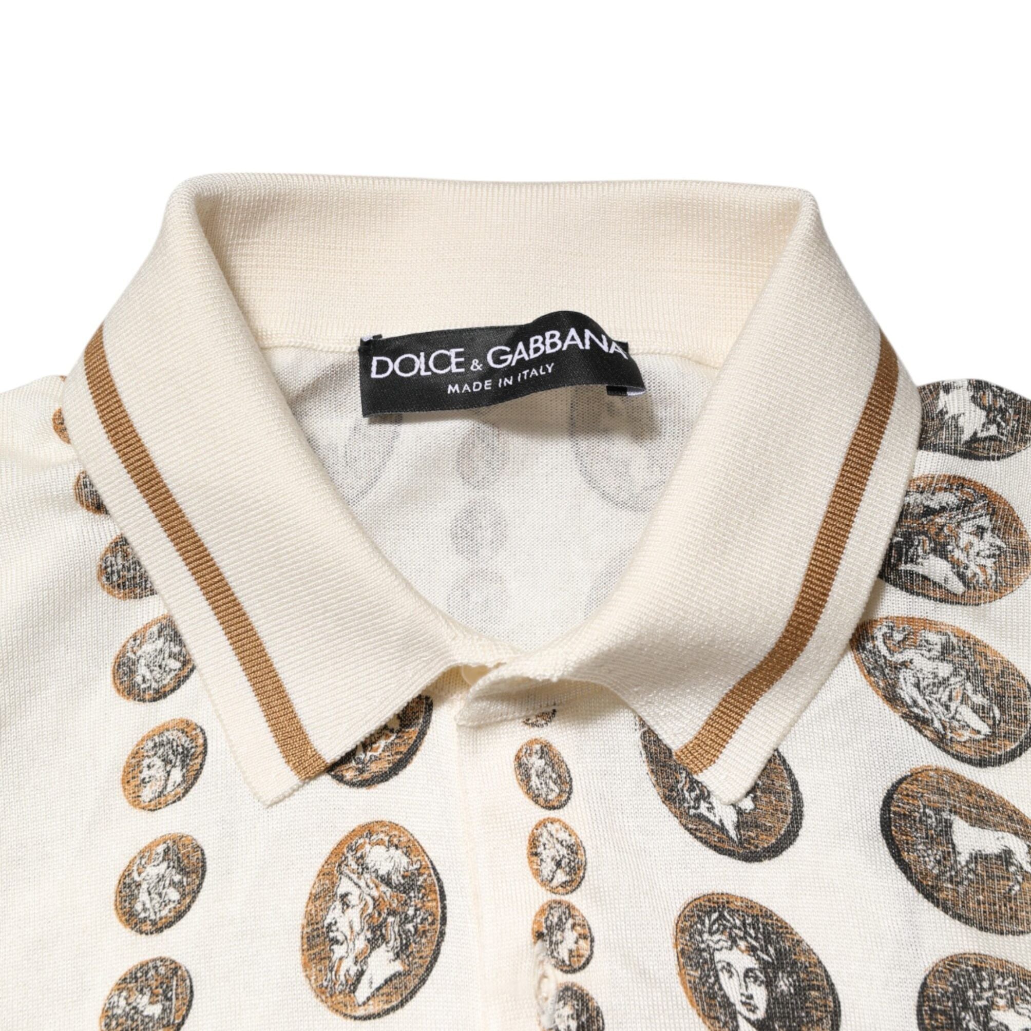 Dolce & Gabbana Silk Ivory Coin Print Logo Men Polo T-shirt
