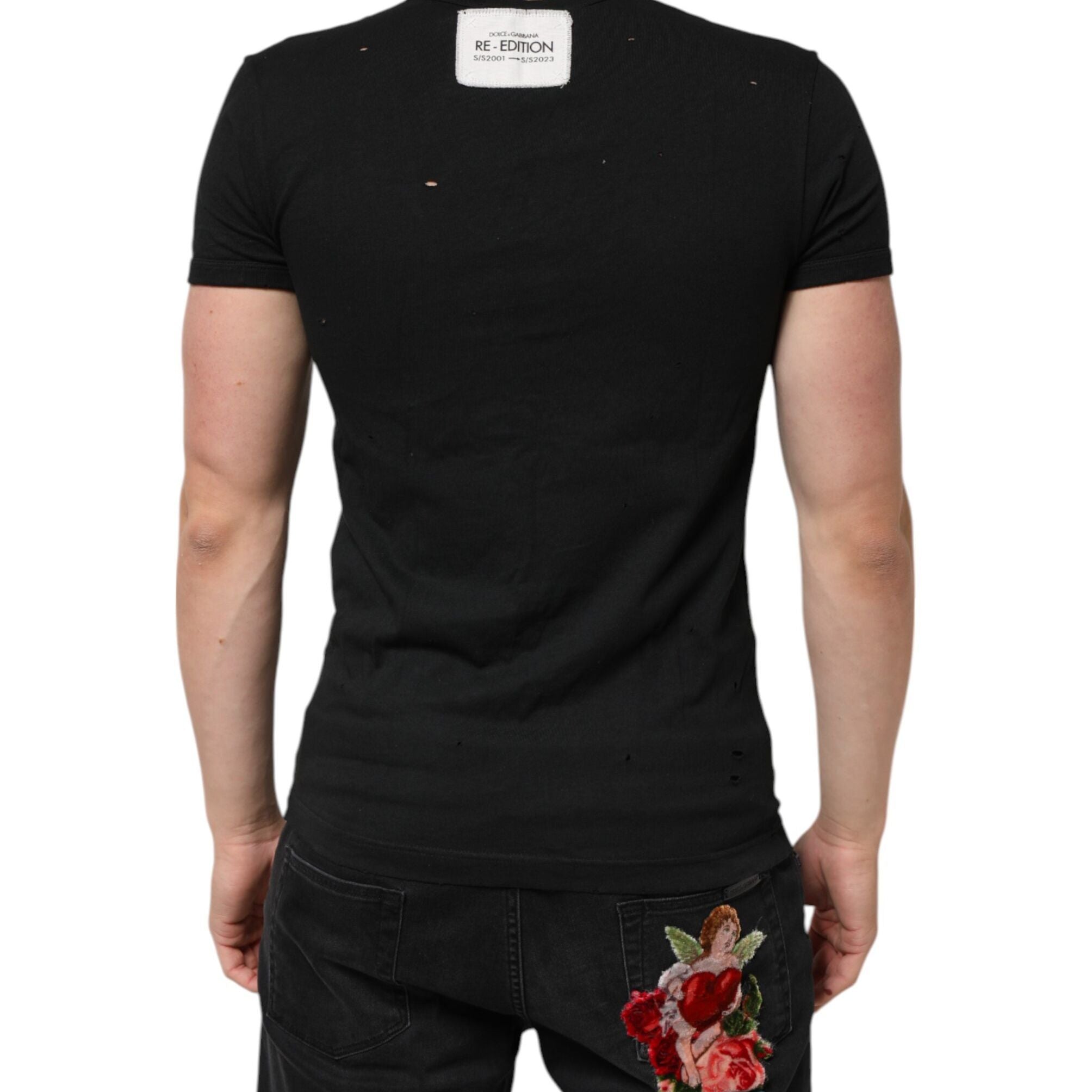 Dolce & Gabbana Black Cotton Tattered Logo V-Neck Men T-shirt