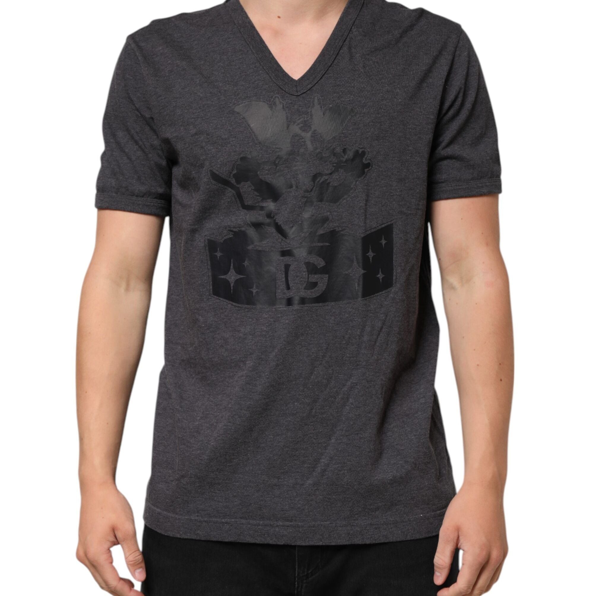 Dolce & Gabbana Black Charcoal DG Logo V-Neck Men T-shirt