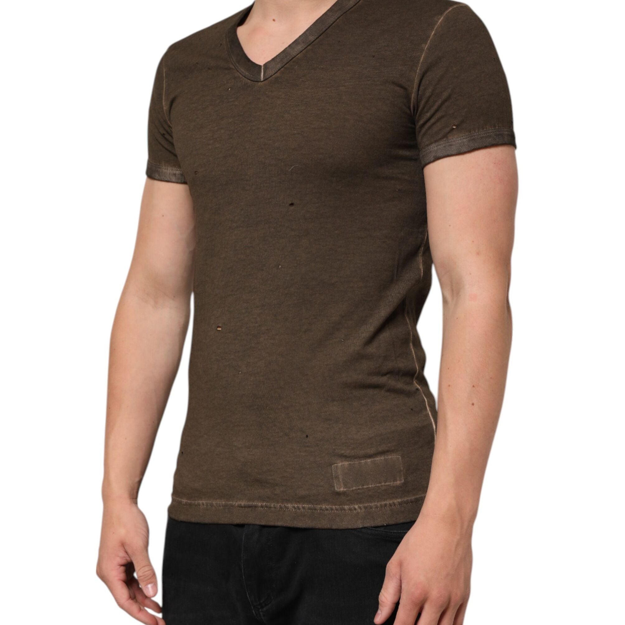 Dolce & Gabbana Dark Brown Cotton Tattered Logo Men T-shirt