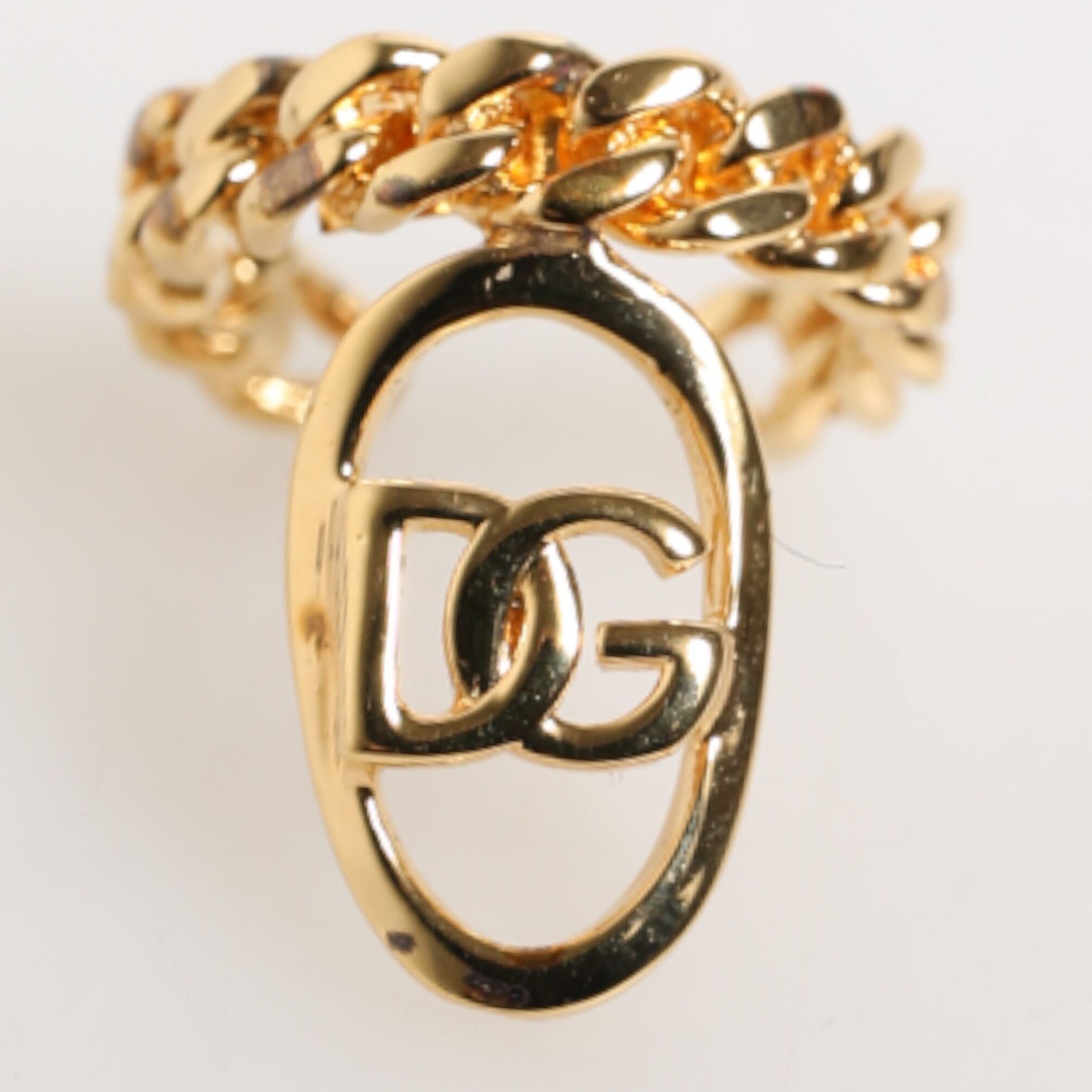Dolce & Gabbana Gold Tone Brass Oval DG Logo Chain Adjustable Ring