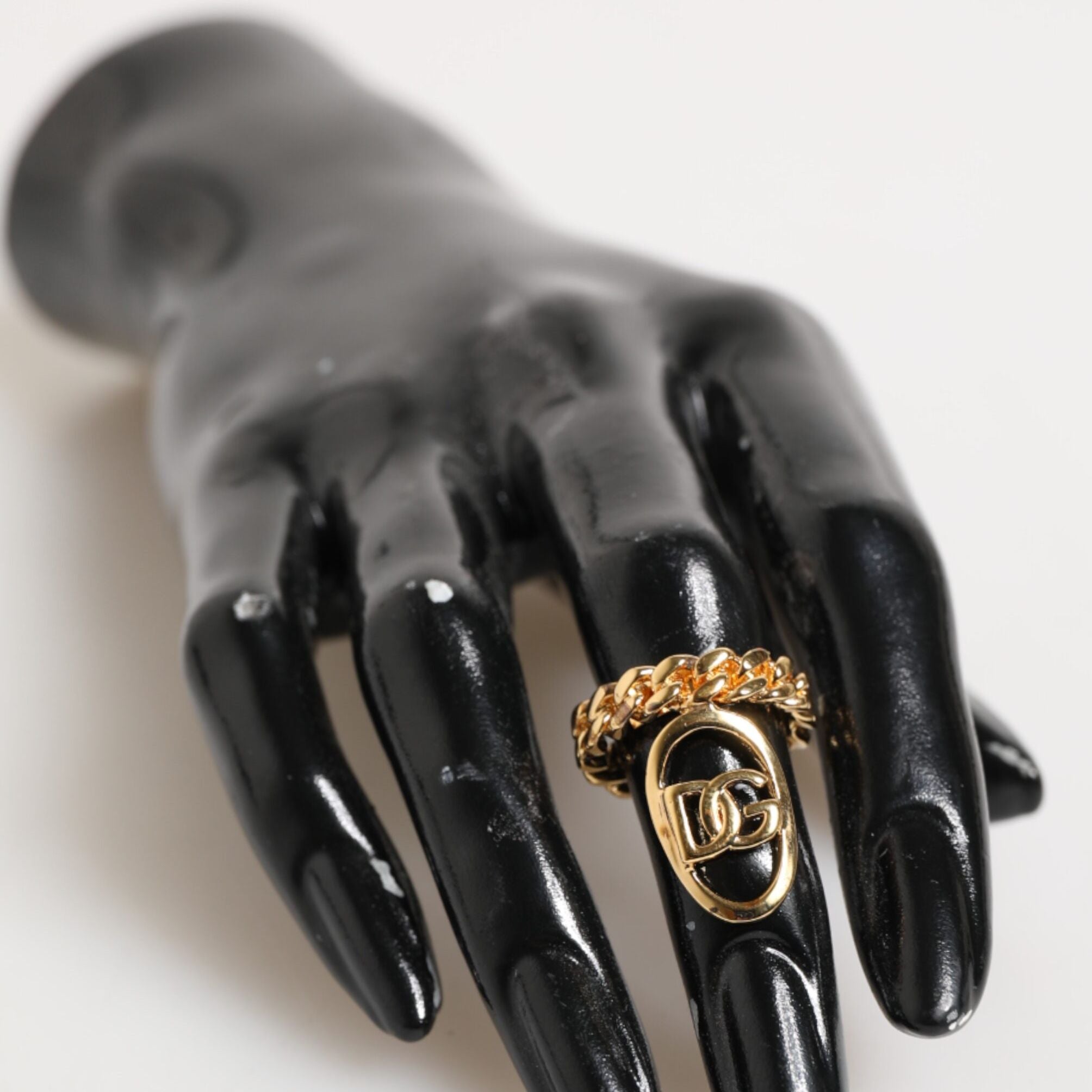 Dolce & Gabbana Gold Tone Brass Oval DG Logo Chain Adjustable Ring